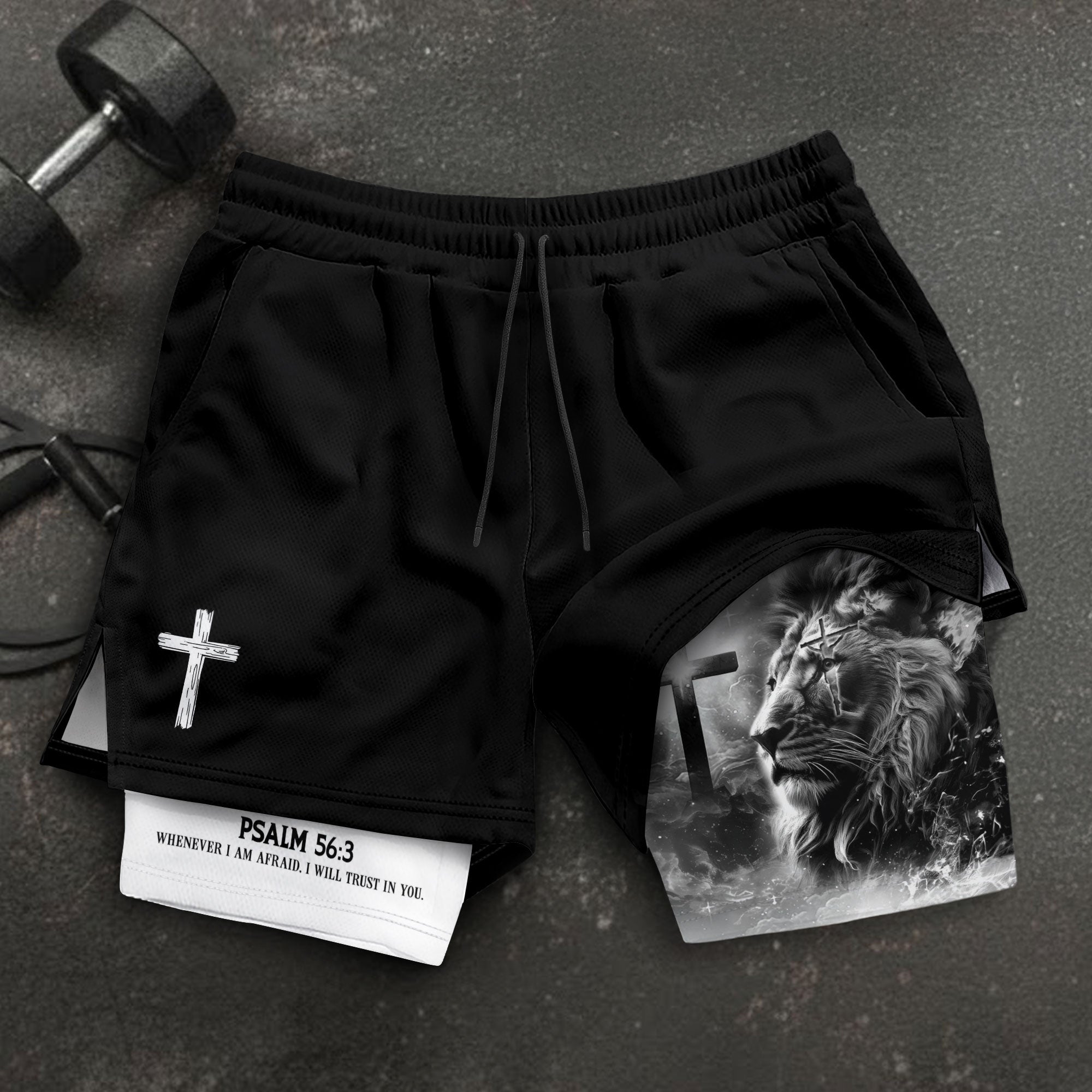 Psalm 56:3 Christian Gym Shorts for Men Lion of Judah Cross Design - Rust Field Wear