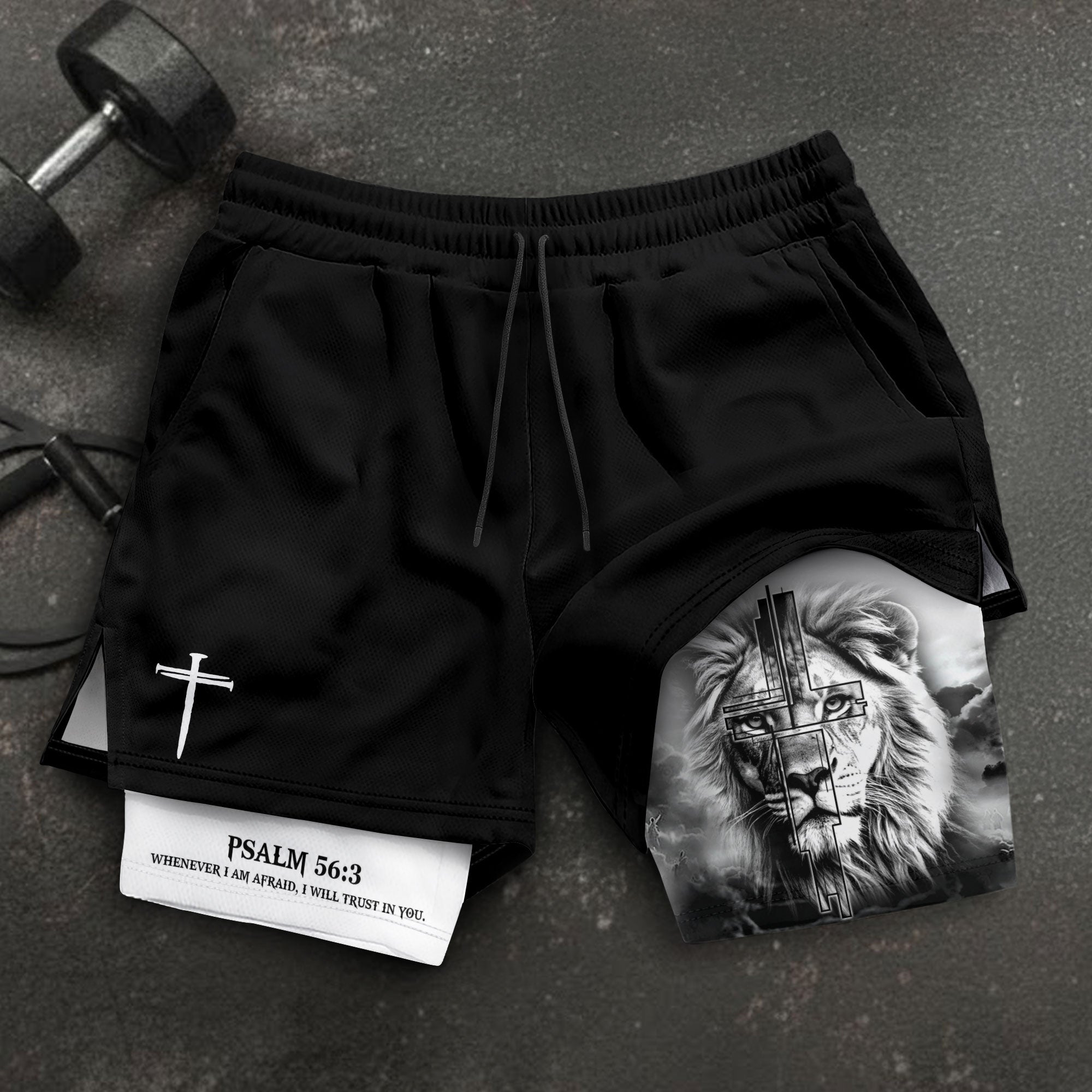 Psalm 56:3 Christian Gym Shorts for Men Trust in God Lion Cross Design - Rust Field Wear