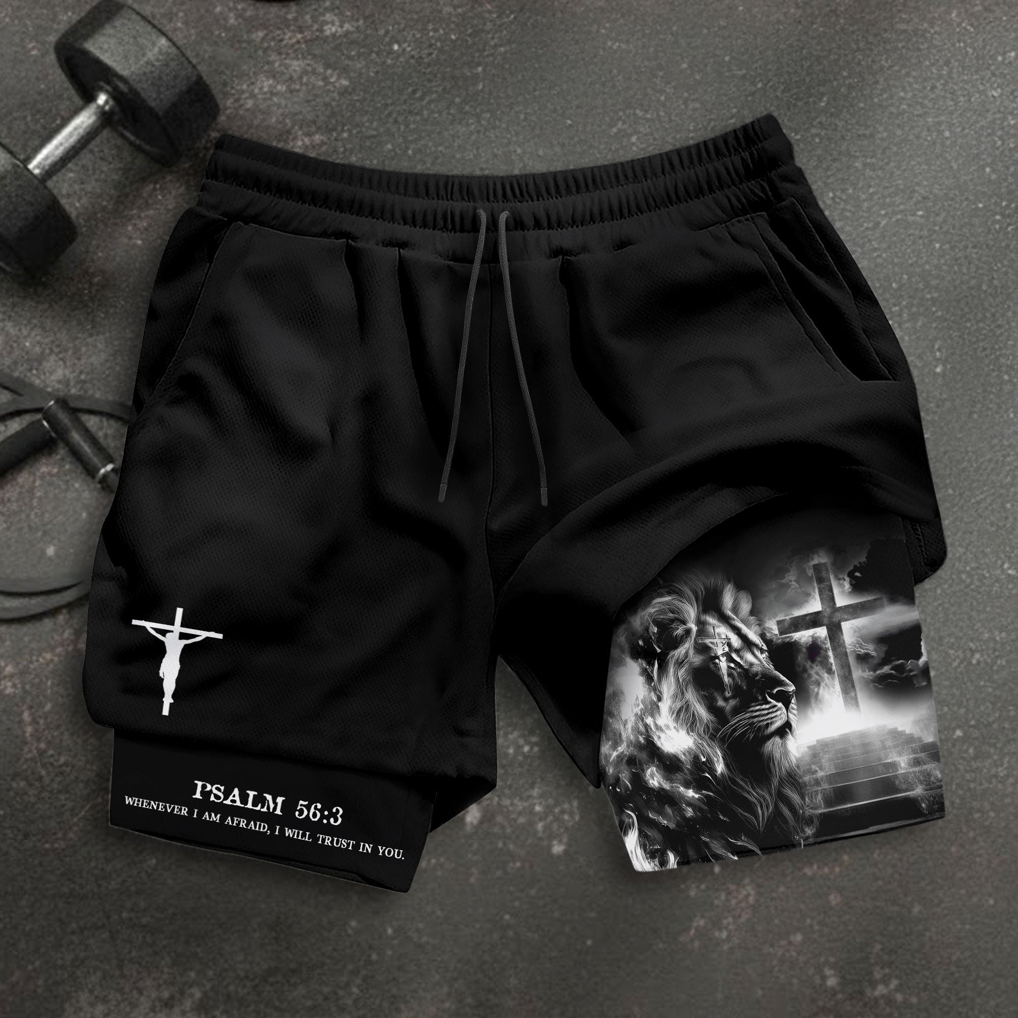 Psalm 56 3 Christian Gym Shorts for Men Lion Cross Path Design