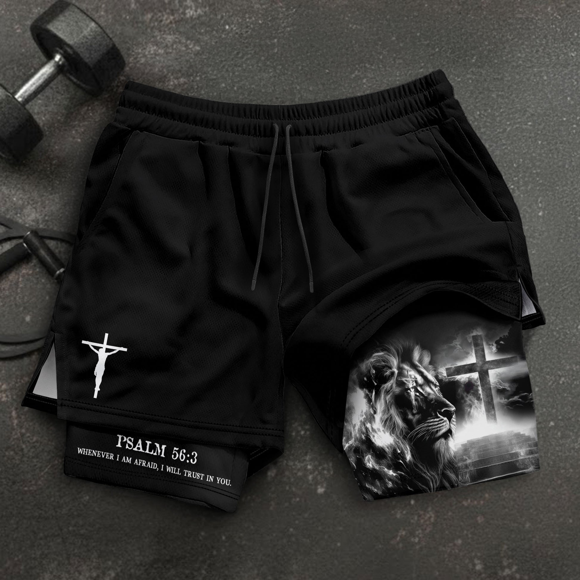 Psalm 56:3 Christian Gym Shorts for Men Lion Cross Path Design - Rust Field Wear