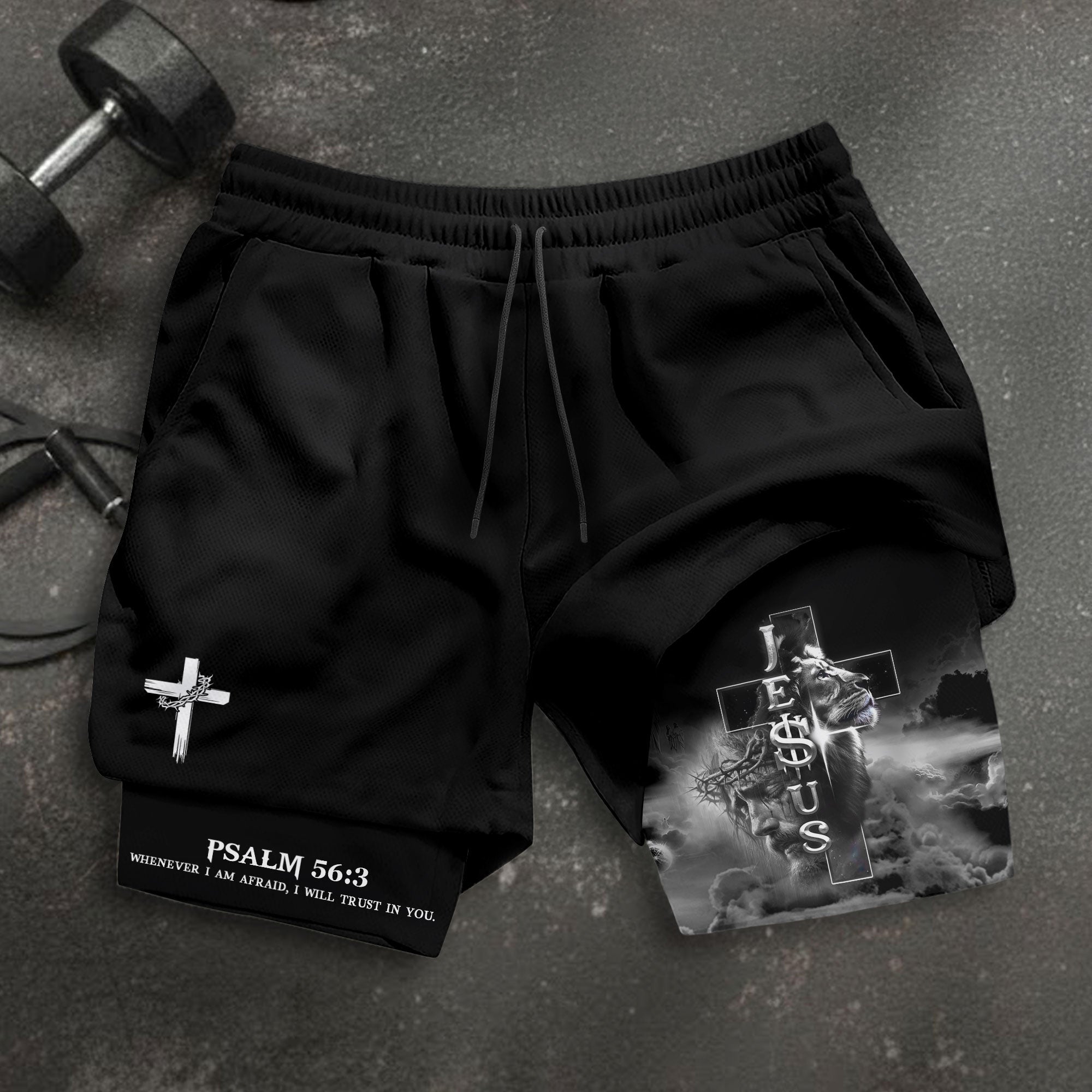 Psalm 56 3 Christian Gym Shorts for Men Jesus Cross Lion Design