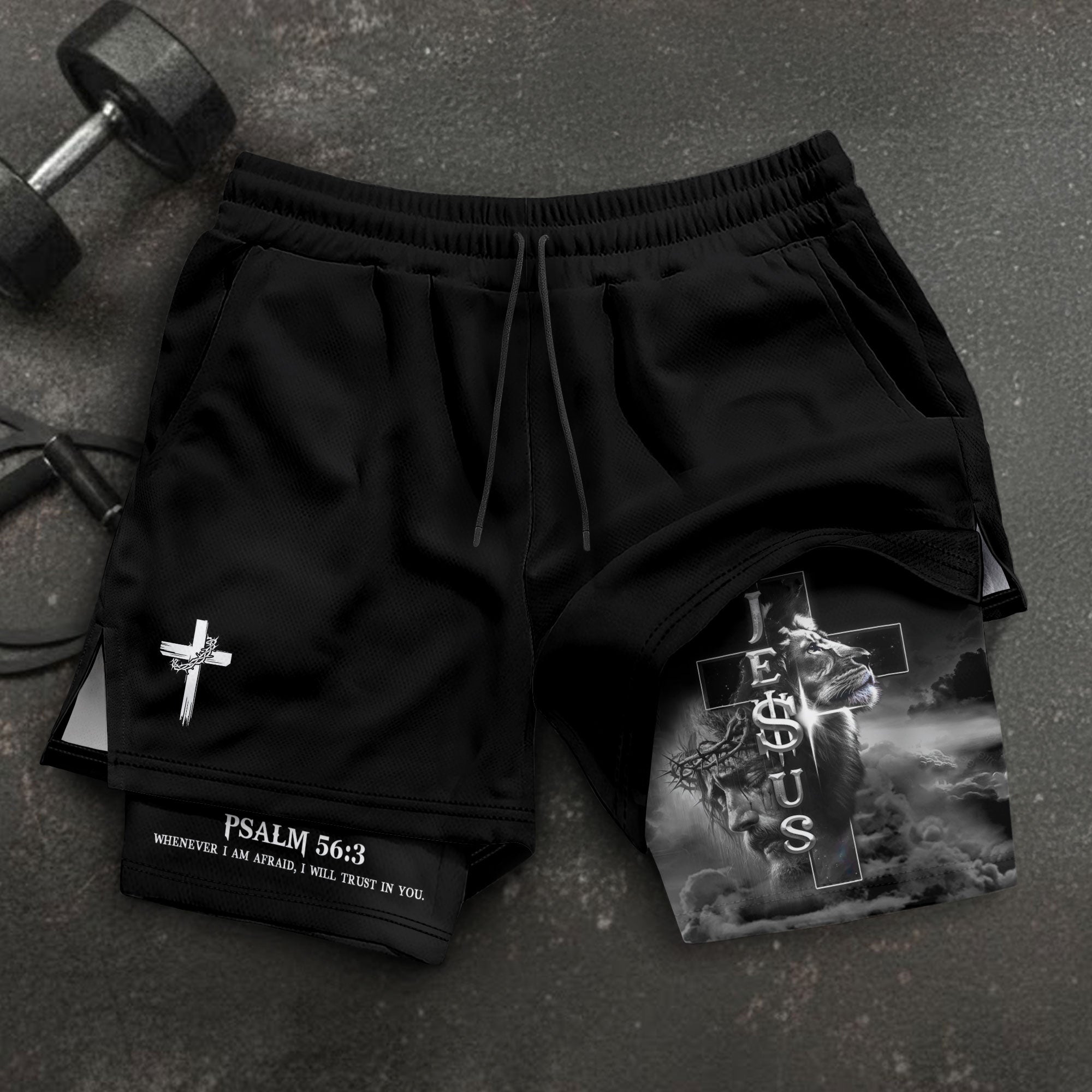 Psalm 56:3 Christian Gym Shorts for Men Jesus Cross Lion Design - Rust Field Wear