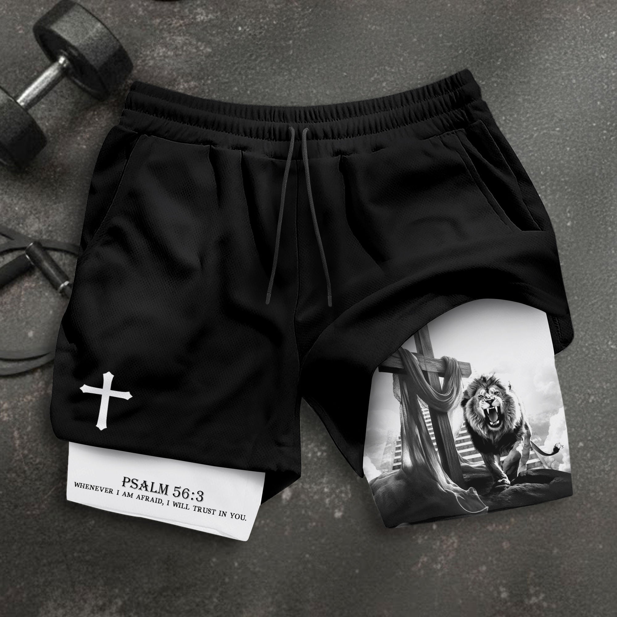Psalm 56 3 Christian Gym Shorts for Men Lion Cross Stairway Design