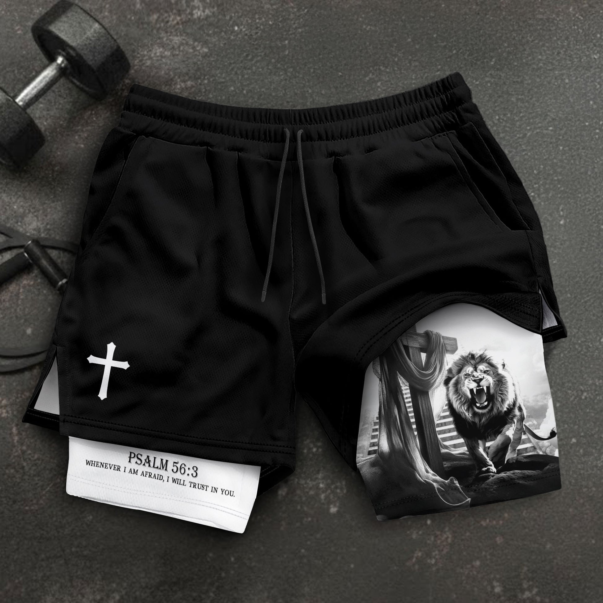 Psalm 56:3 Christian Gym Shorts for Men Lion Cross Stairway Design - Rust Field Wear
