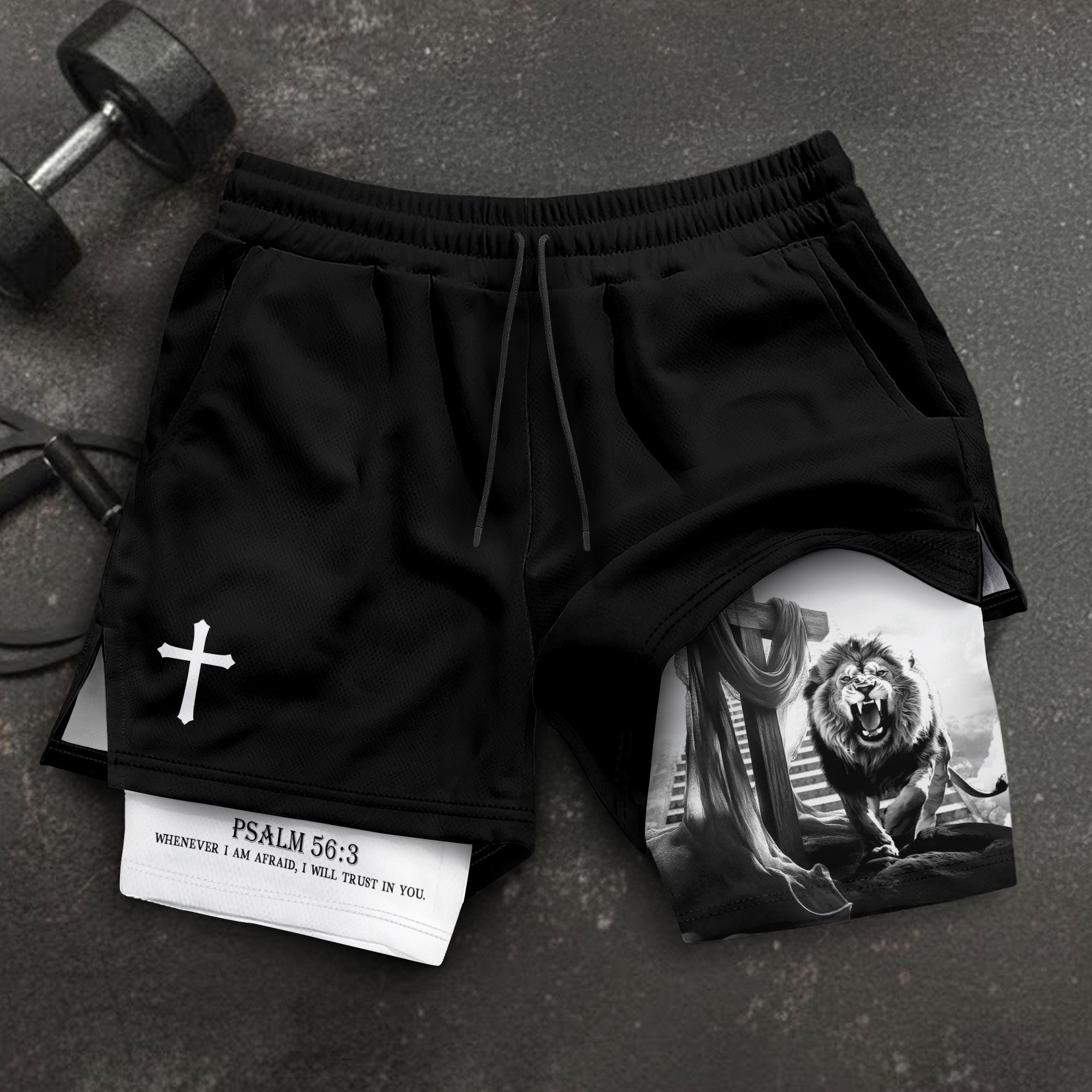 Psalm 56:3 Christian Gym Shorts for Men Lion Cross Stairway Design - Rust Field Wear