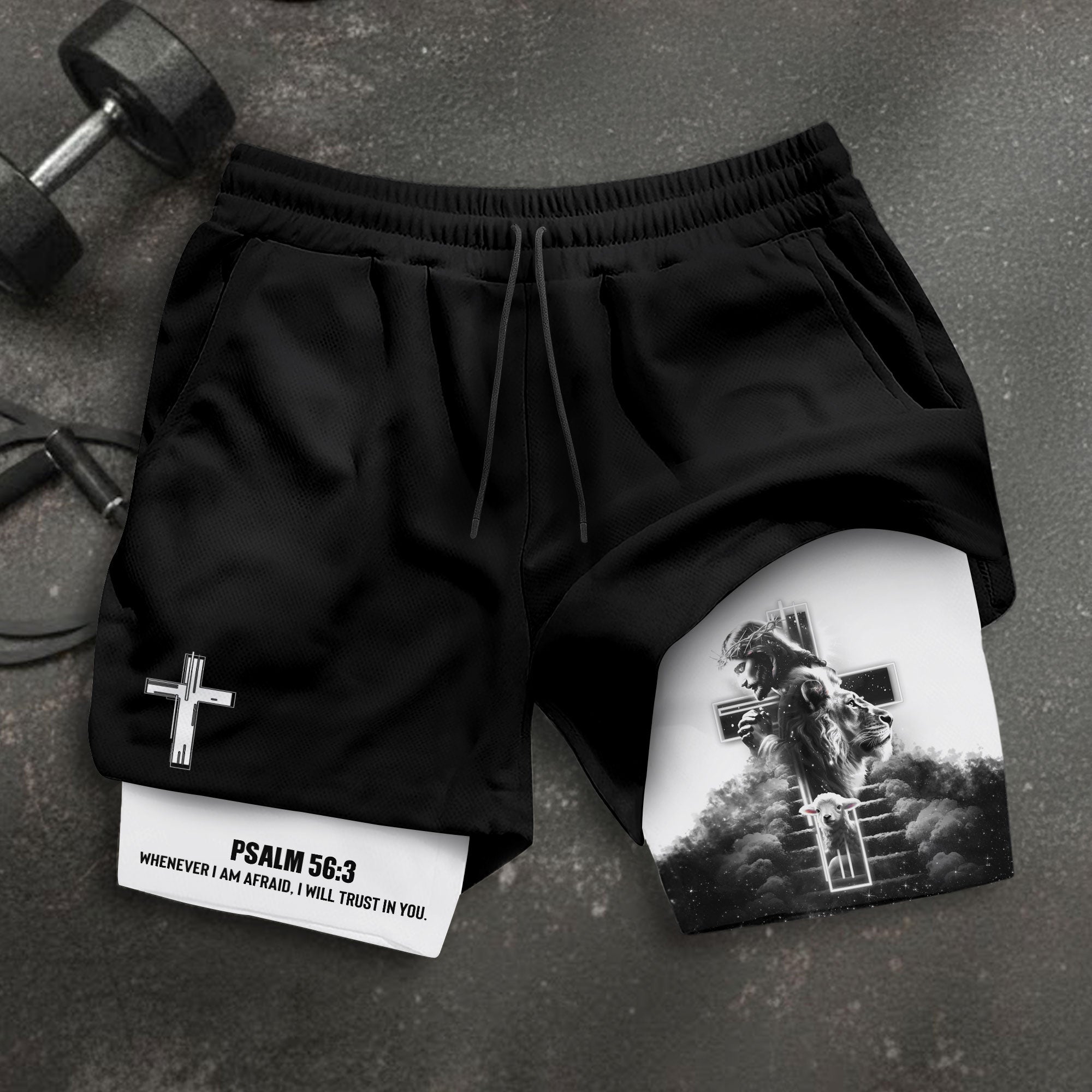 Psalm 56 3 Christian Gym Shorts for Men Jesus Cross Stairway Design