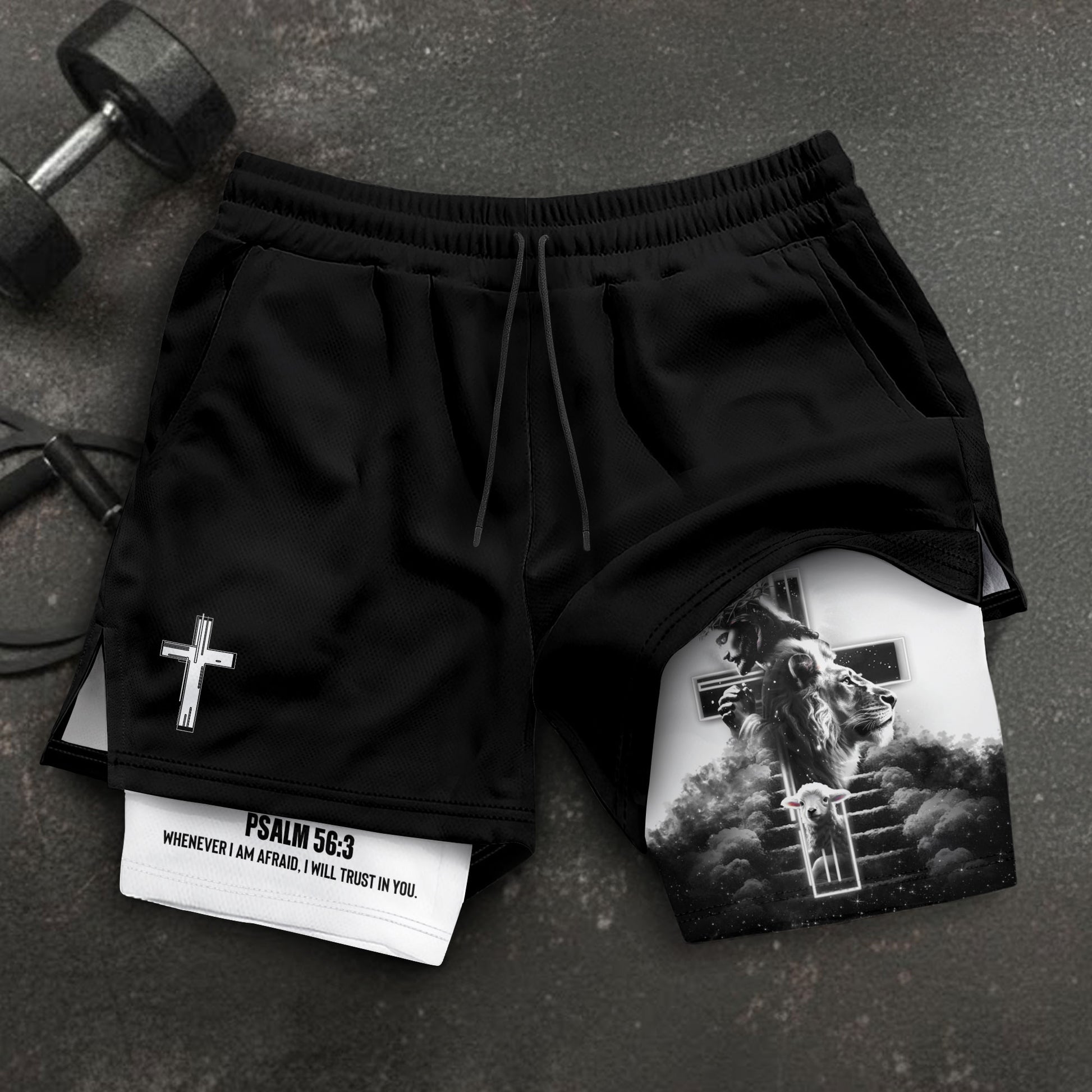 Psalm 56:3 Christian Gym Shorts for Men Jesus Cross Stairway Design - Rust Field Wear