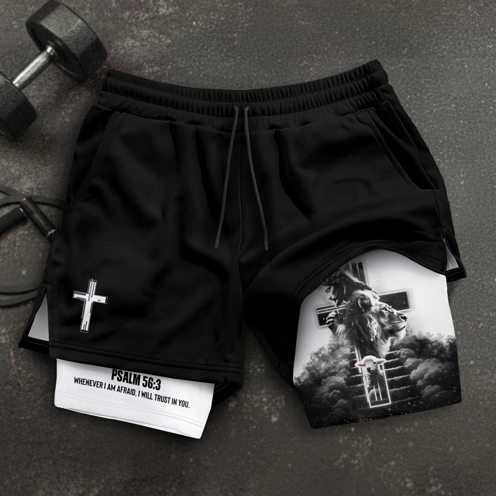 Psalm 56:3 Christian Gym Shorts for Men Jesus Cross Stairway Design - Rust Field Wear