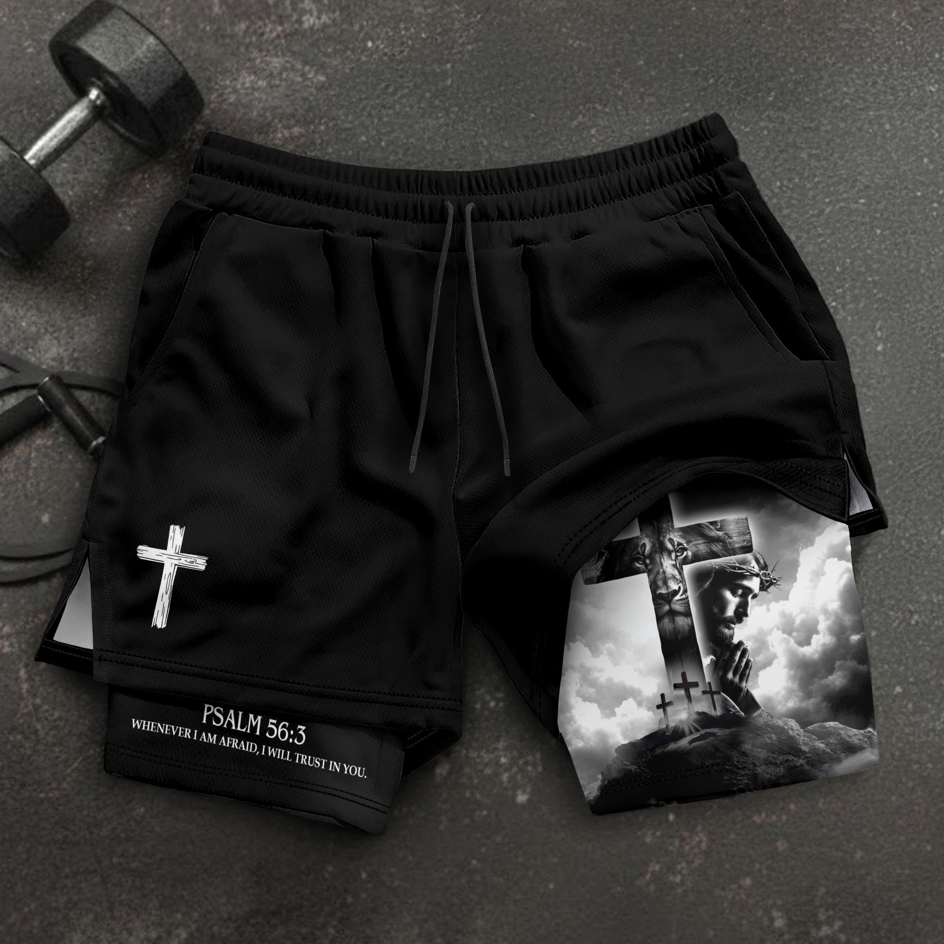Psalm 56:3 Christian Gym Shorts for Men Jesus Cross Prayer Design - Rust Field Wear