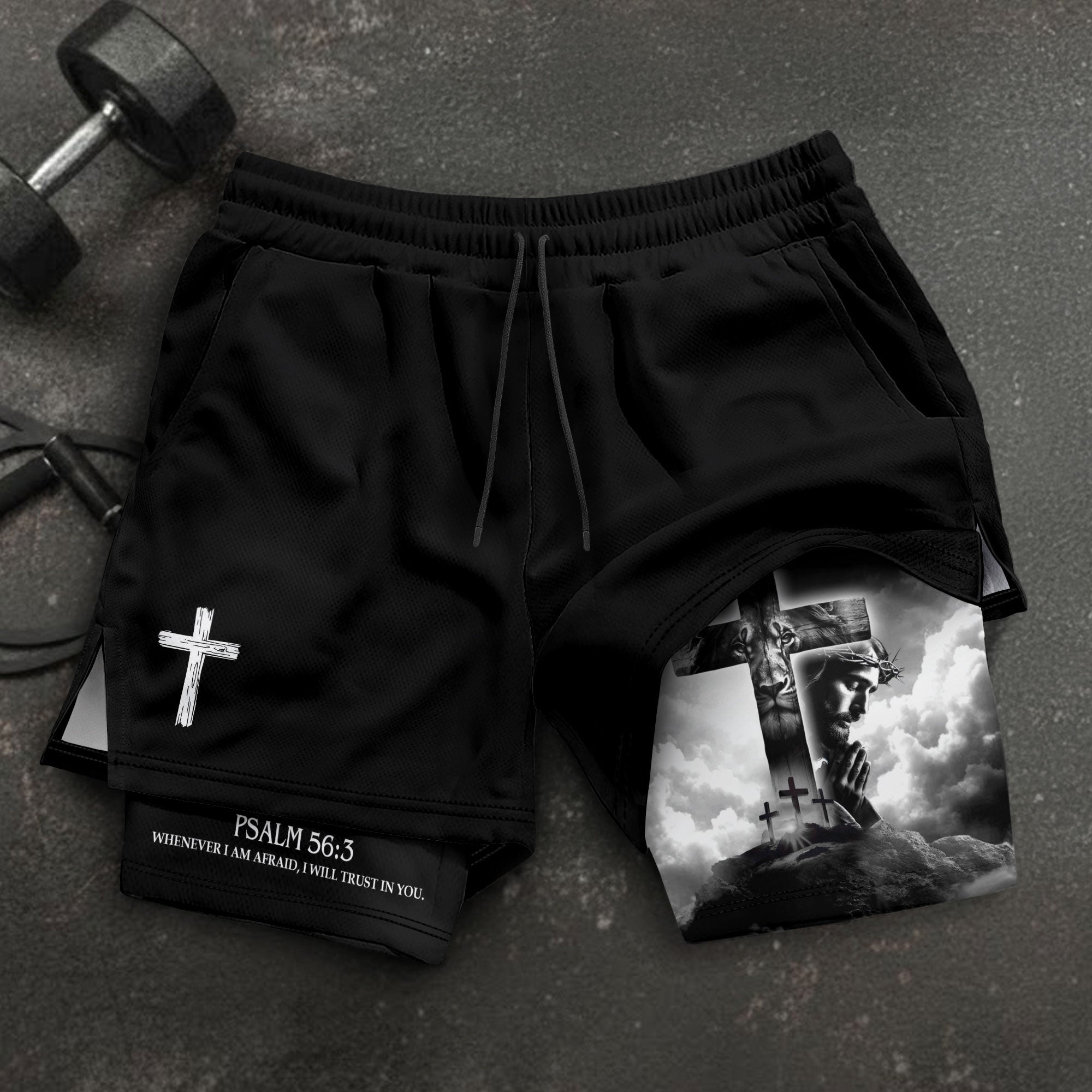 Psalm 56:3 Christian Gym Shorts for Men Jesus Cross Prayer Design - Rust Field Wear
