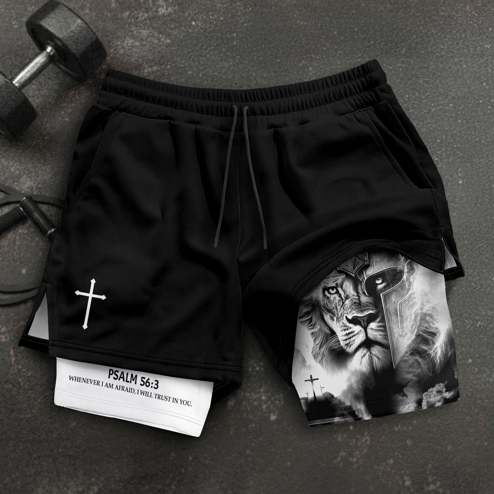 Psalm 56:3 Christian Gym Shorts for Men Lion Armor Cross Design - Rust Field Wear