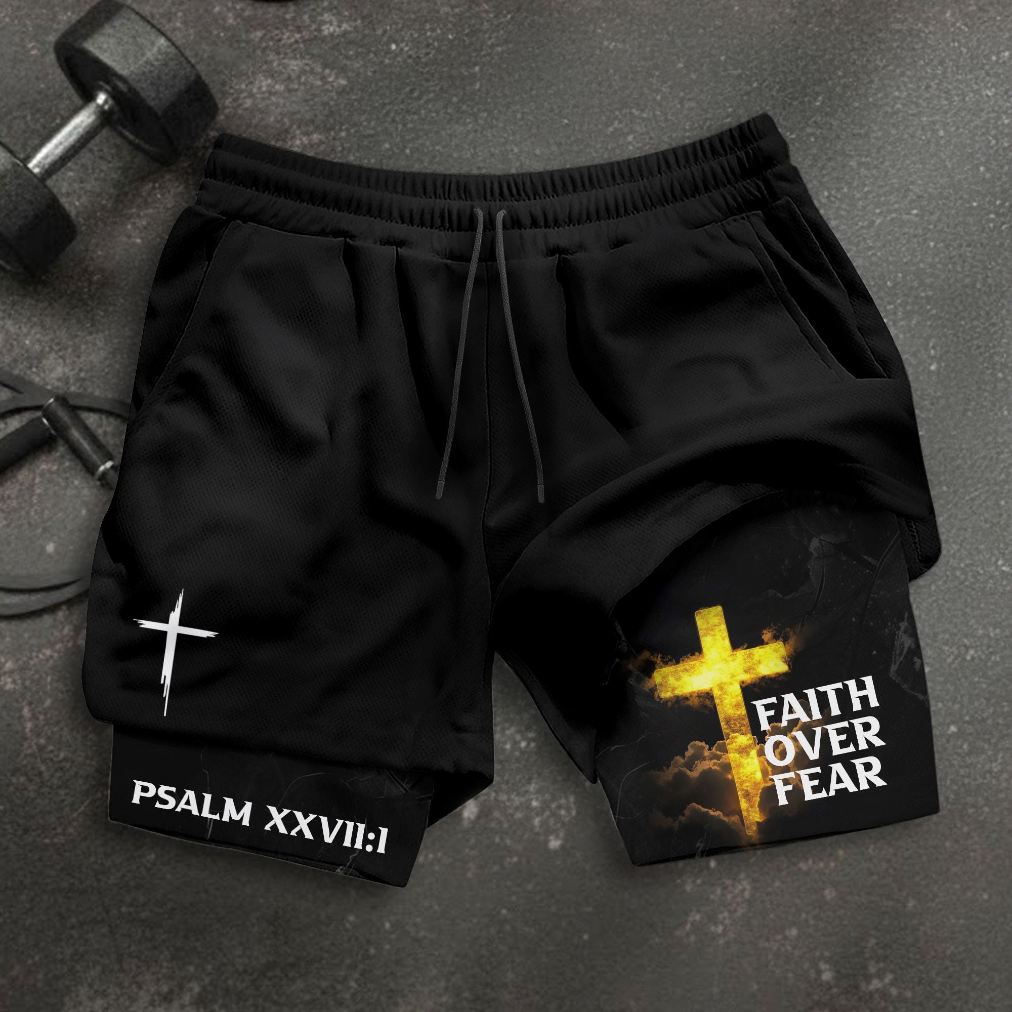 Psalm 27:1 Faith Over Fear Christian Mens Gym Shorts Bible Verse Glowing Gold Design