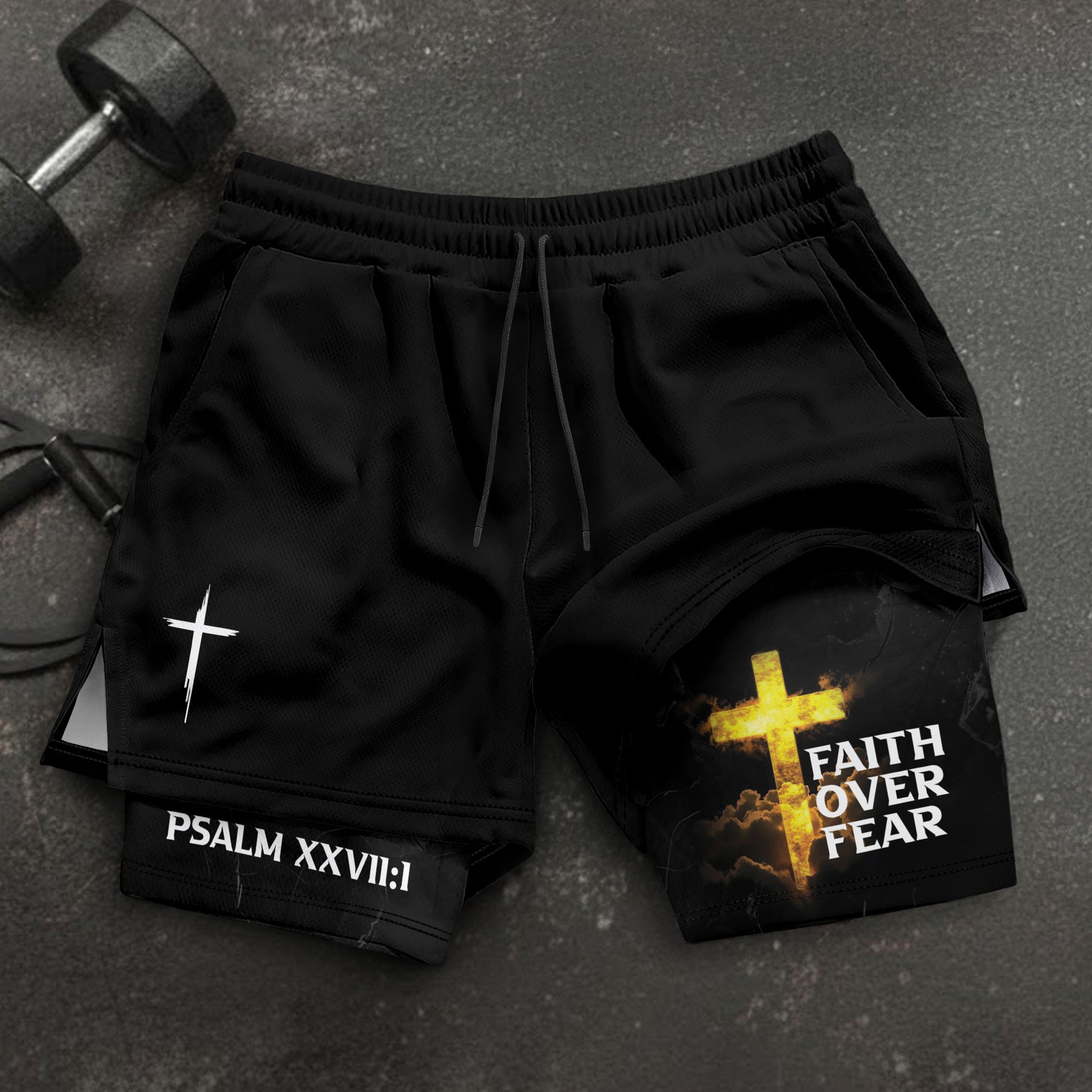 Psalm 27:1 Faith Over Fear Christian Mens Gym Shorts Bible Verse Glowing Gold Design - Rust Field Wear