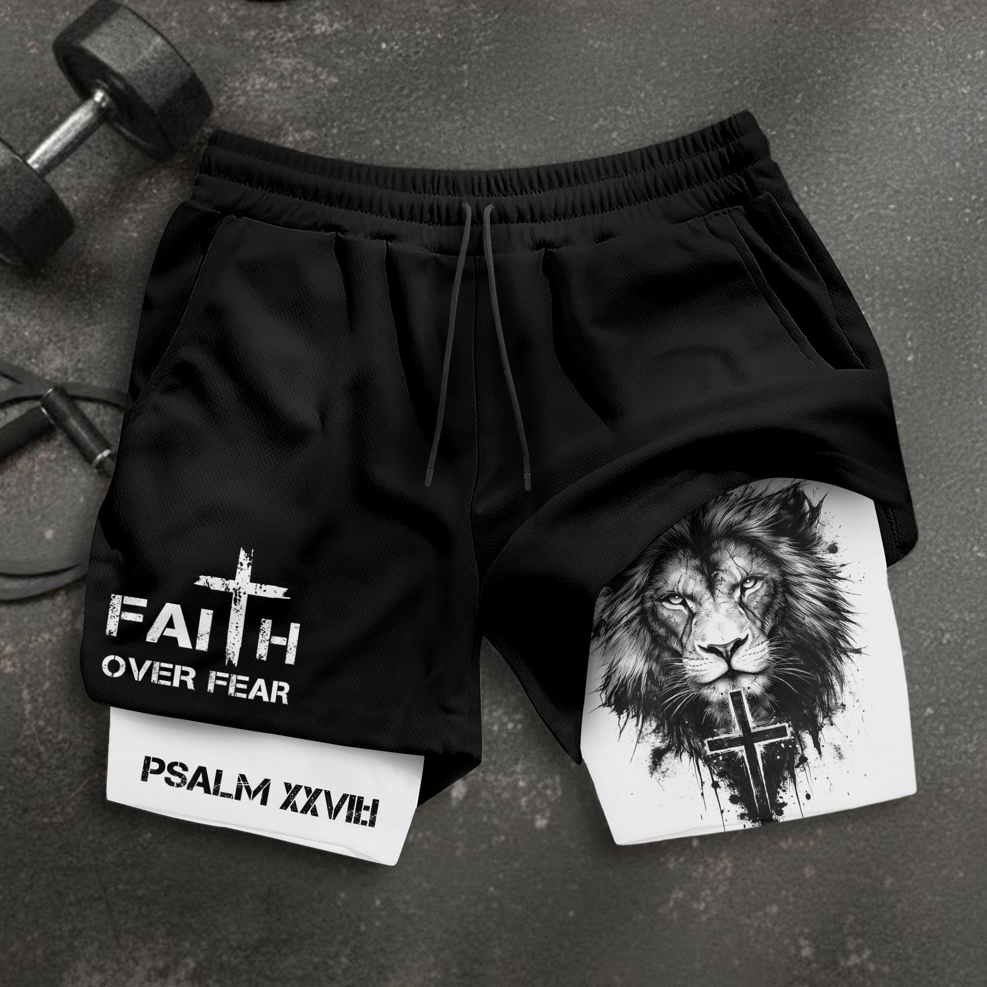 Psalm 27:1 Faith Over Fear Christian Mens Workout Shorts Sketch Lion Bible Verse Art