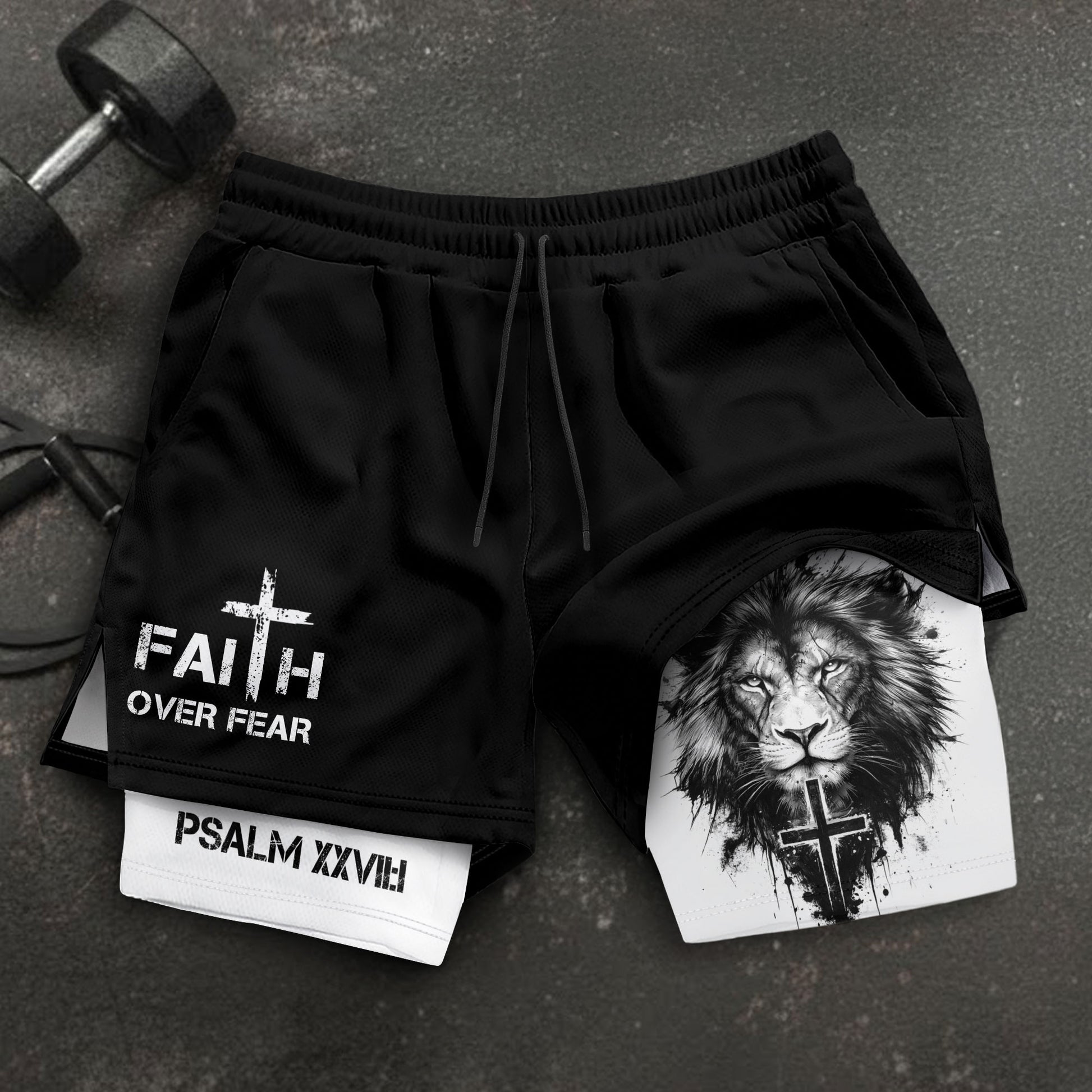 Psalm 27:1 Faith Over Fear Christian Mens Workout Shorts Sketch Lion Bible Verse Art - Rust Field Wear