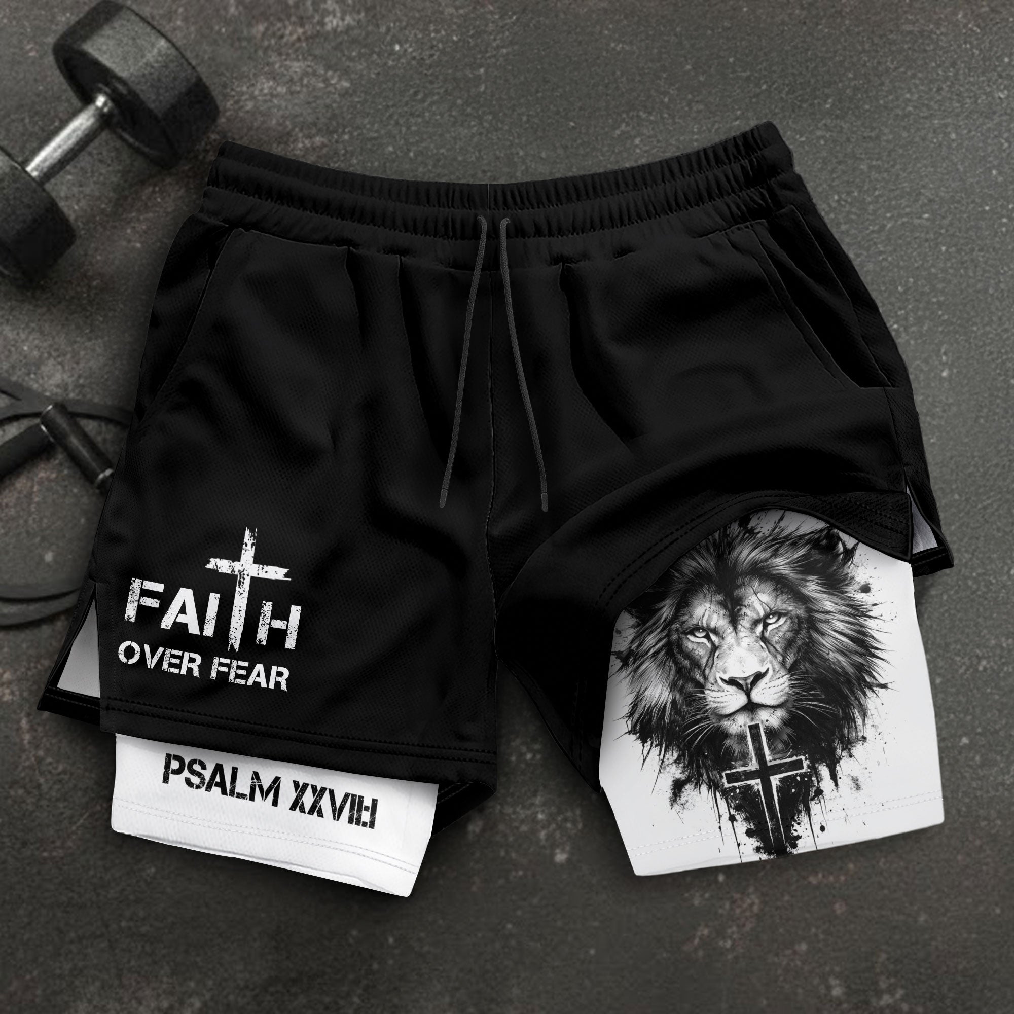 Psalm 27:1 Faith Over Fear Christian Mens Workout Shorts Sketch Lion Bible Verse Art - Rust Field Wear