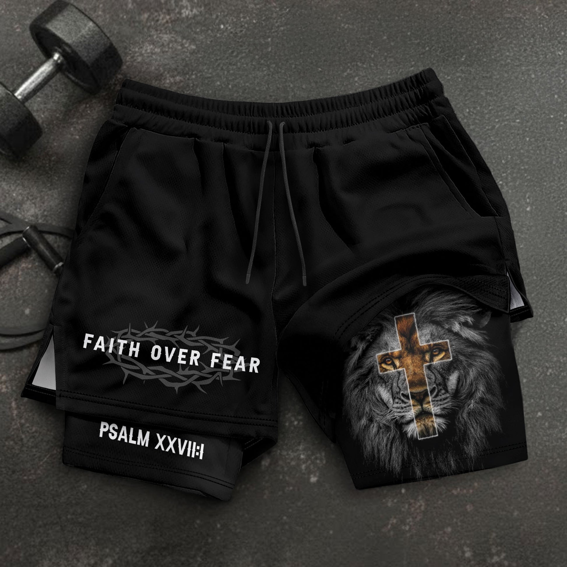 Psalm 27:1 Faith Over Fear Christian Mens Gym Shorts Brown Lion Scripture Design - Rust Field Wear