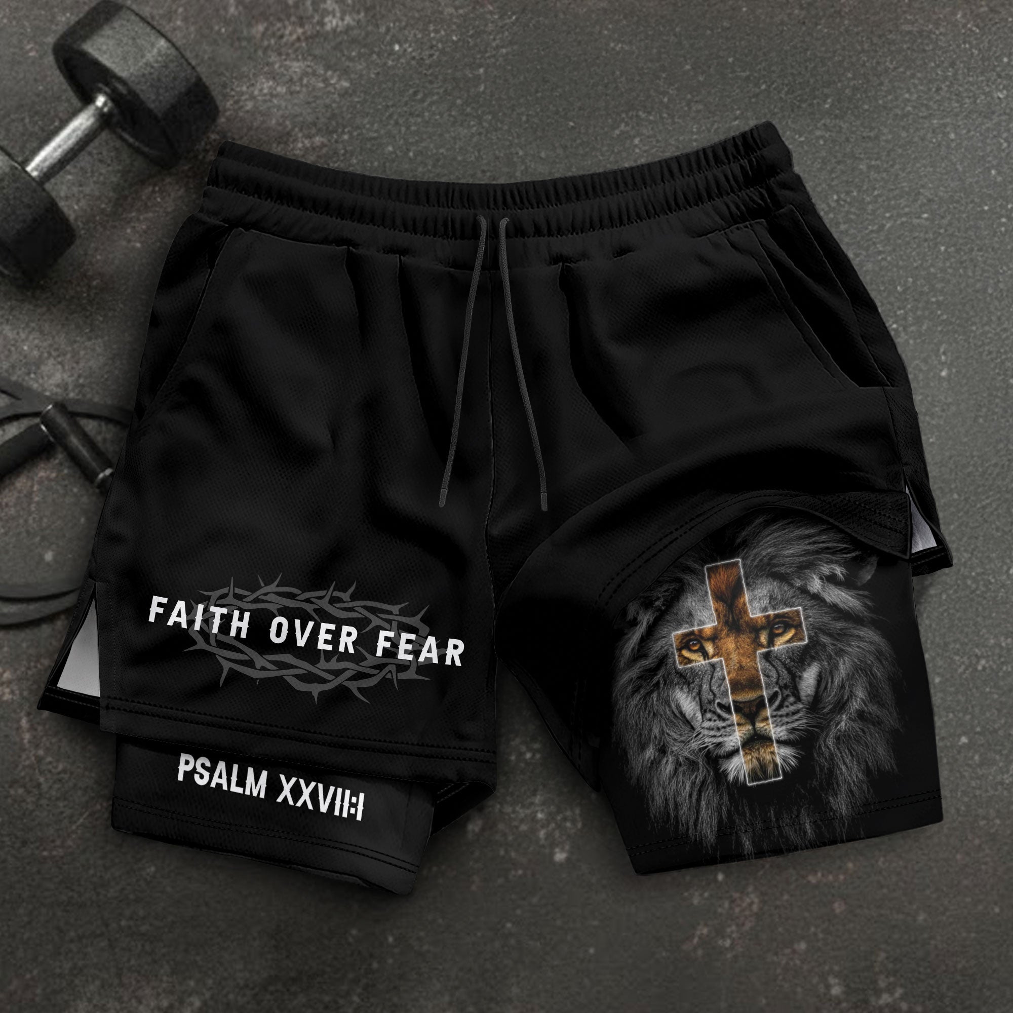Psalm 27:1 Faith Over Fear Christian Mens Gym Shorts Brown Lion Scripture Design - Rust Field Wear