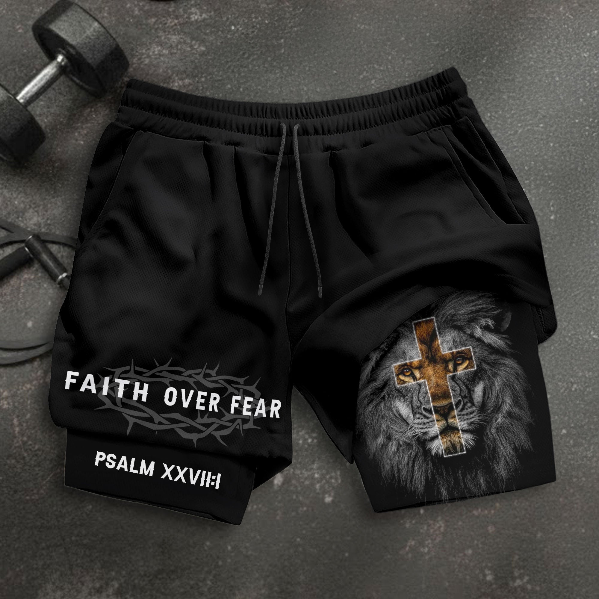 Psalm 27:1 Faith Over Fear Christian Mens Gym Shorts Brown Lion Scripture Design