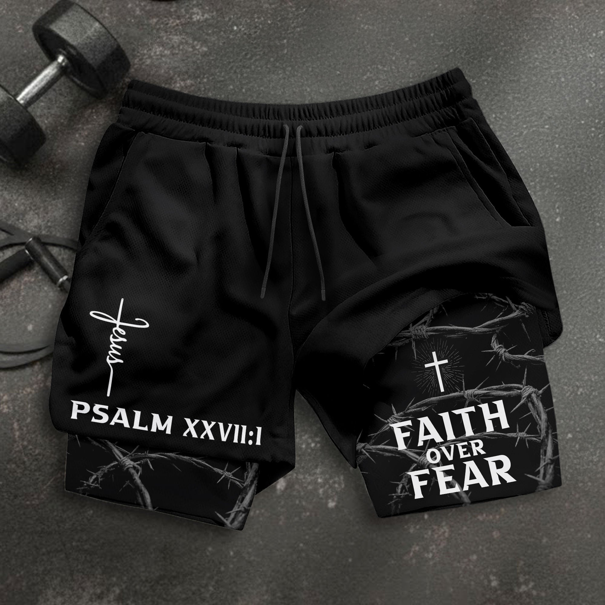 Psalm 27:1 Faith Over Fear Christian Mens Training Shorts Thorns Cross Bible Verse