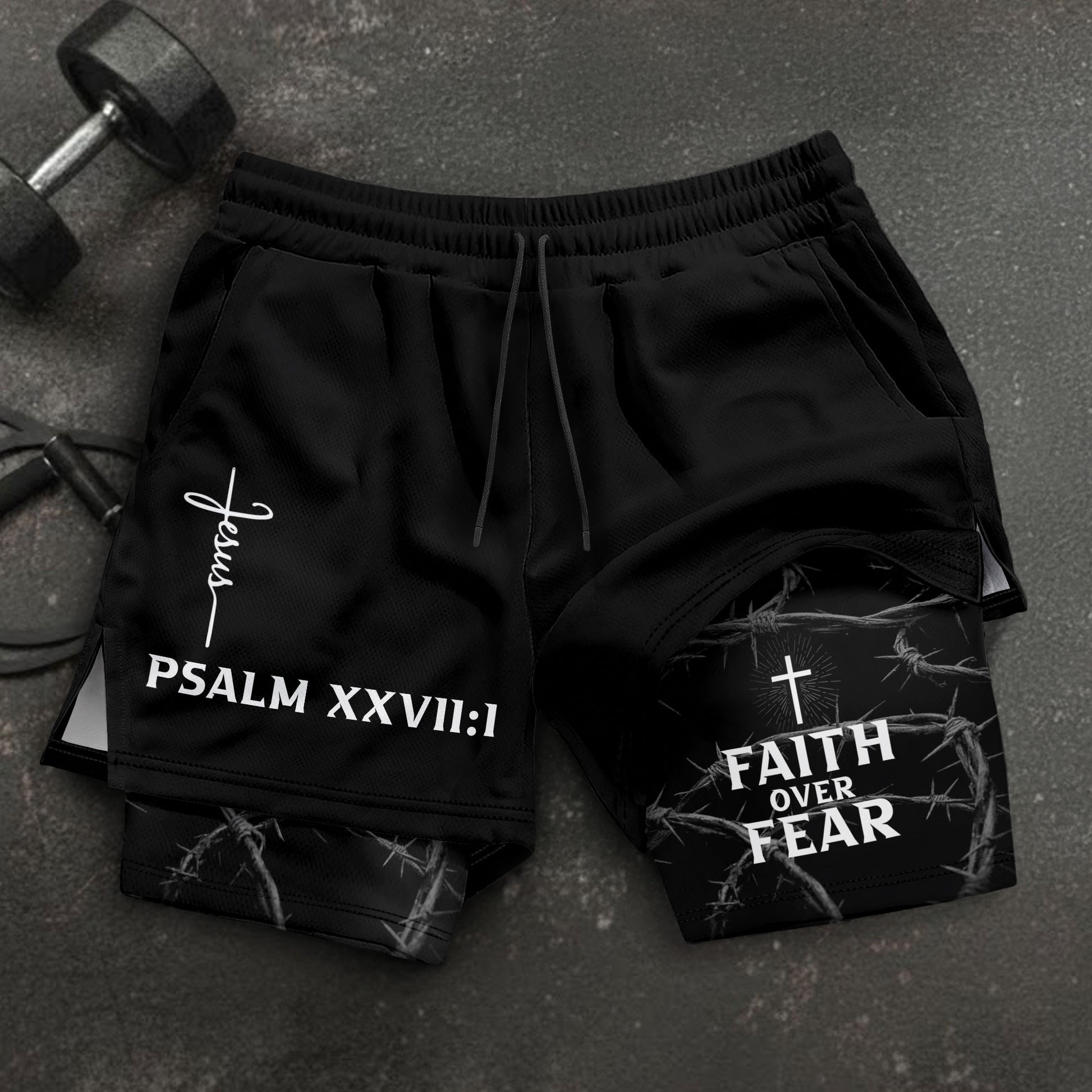 Psalm 27:1 Faith Over Fear Christian Mens Training Shorts Thorns Cross Bible Verse - Rust Field Wear