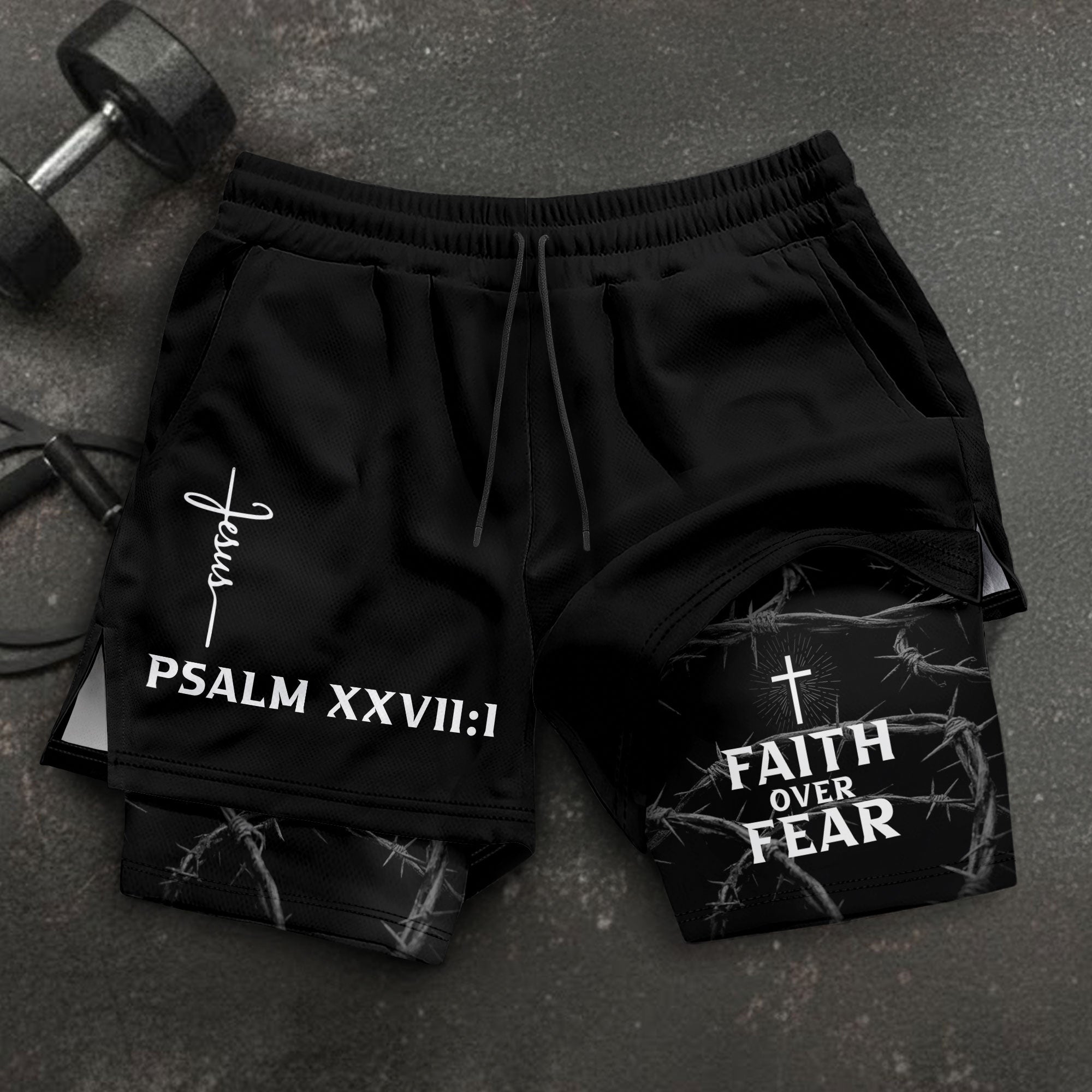 Psalm 27:1 Faith Over Fear Christian Mens Training Shorts Thorns Cross Bible Verse - Rust Field Wear