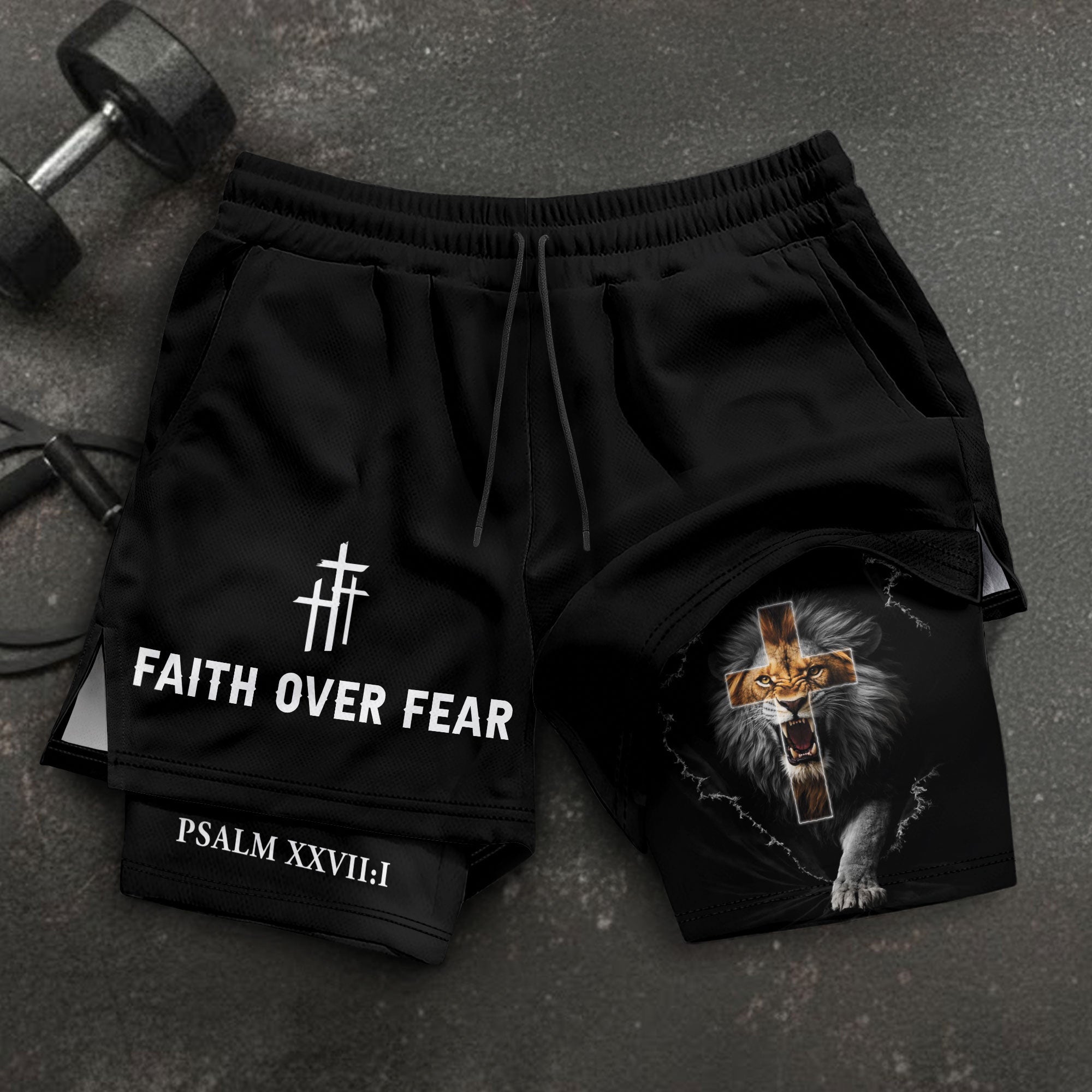 Psalm 27:1 Faith Over Fear Christian Mens Athletic Shorts Roaring Lion Scripture Art - Rust Field Wear