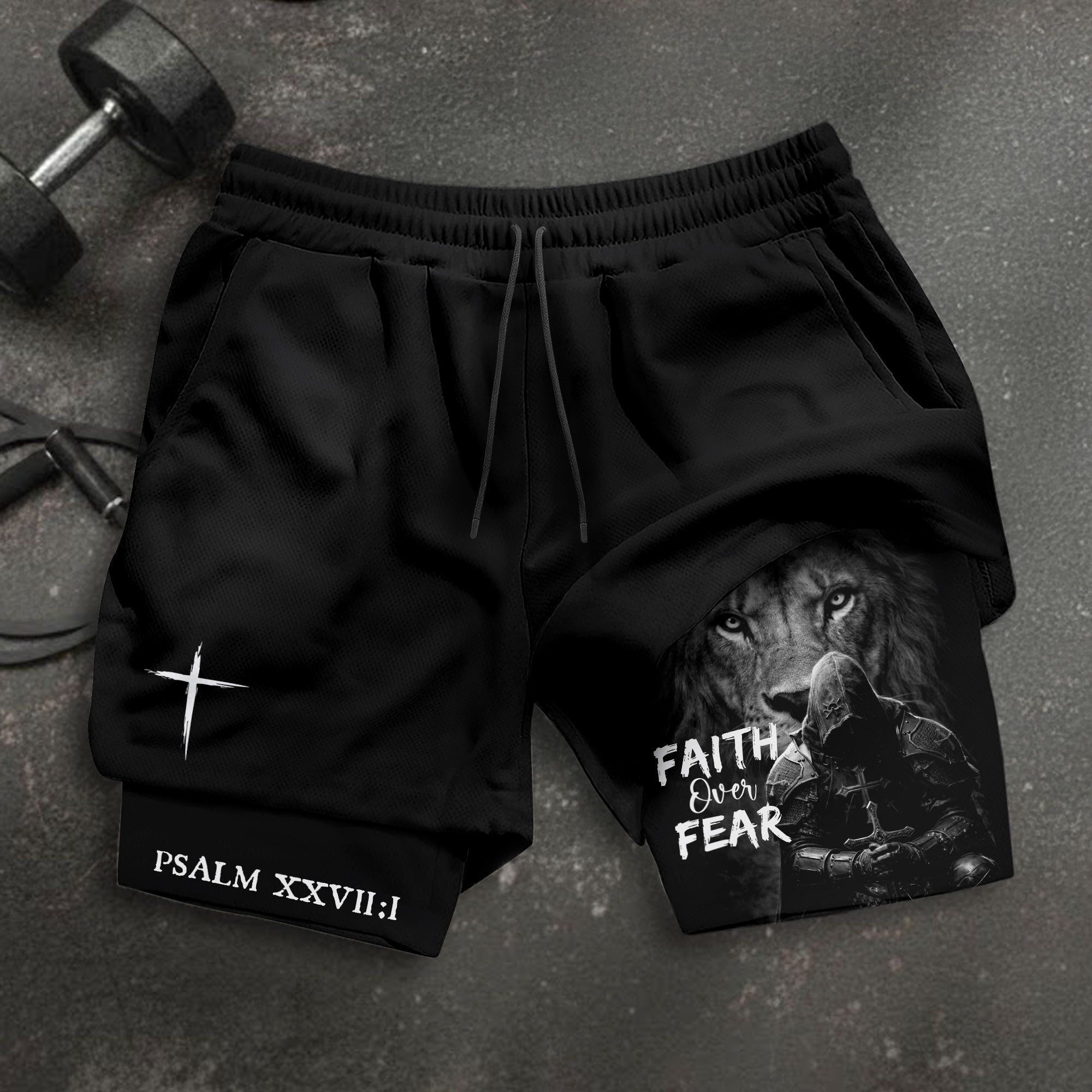 Psalm 27:1 Faith Over Fear Christian Mens Gym Shorts Lion Knight Bible Verse Design