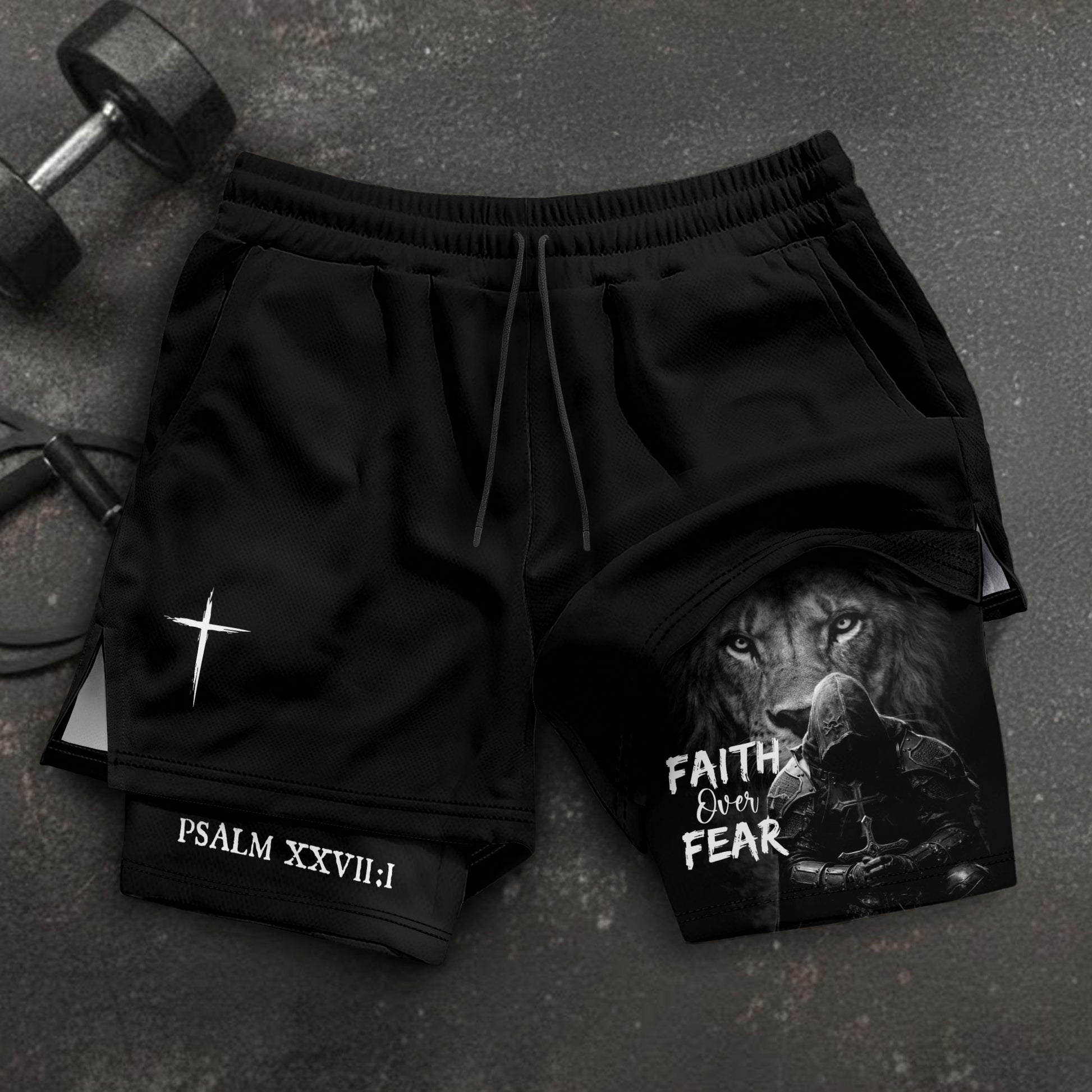 Psalm 27:1 Faith Over Fear Christian Mens Gym Shorts Lion Knight Bible Verse Design - Rust Field Wear