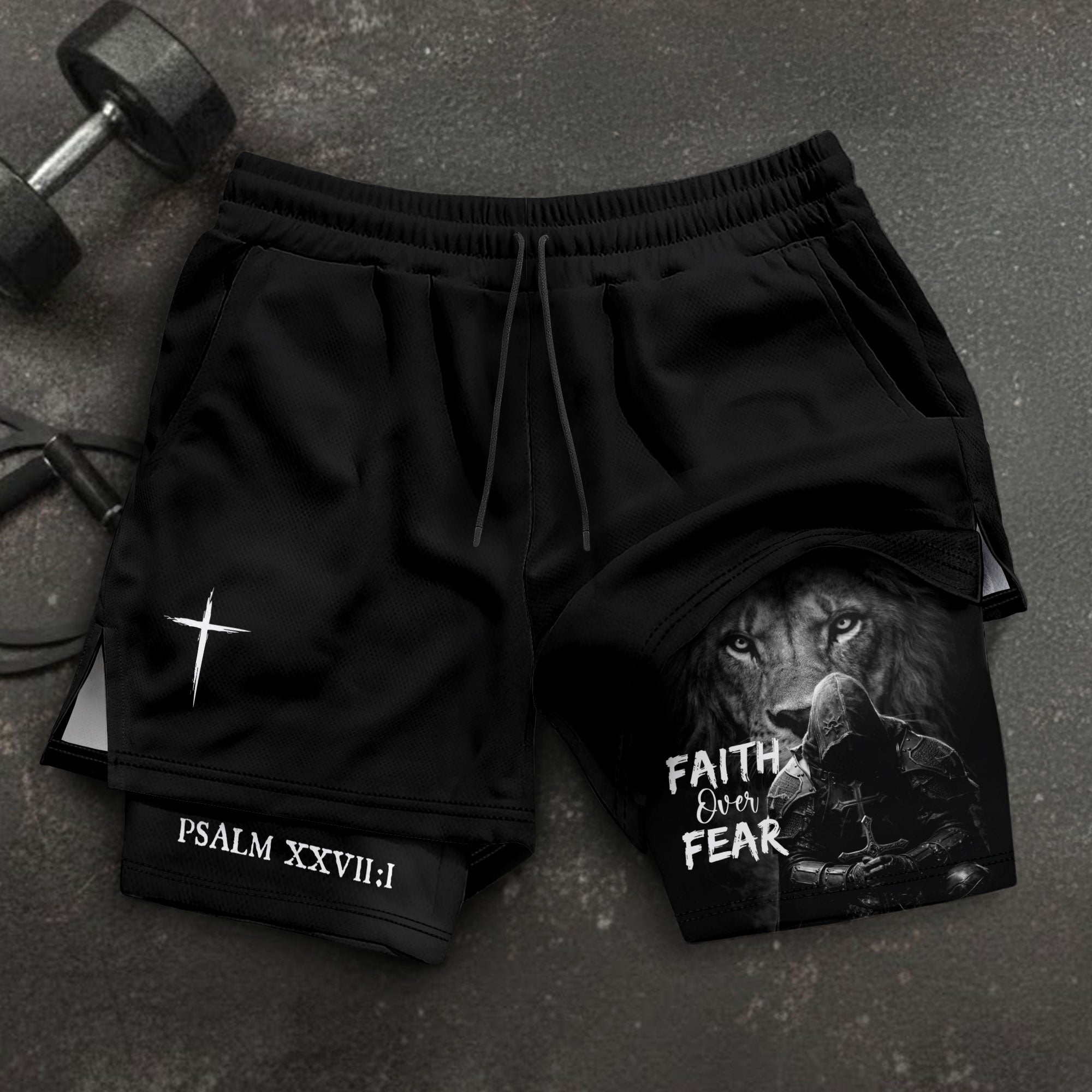 Psalm 27:1 Faith Over Fear Christian Mens Gym Shorts Lion Knight Bible Verse Design - Rust Field Wear