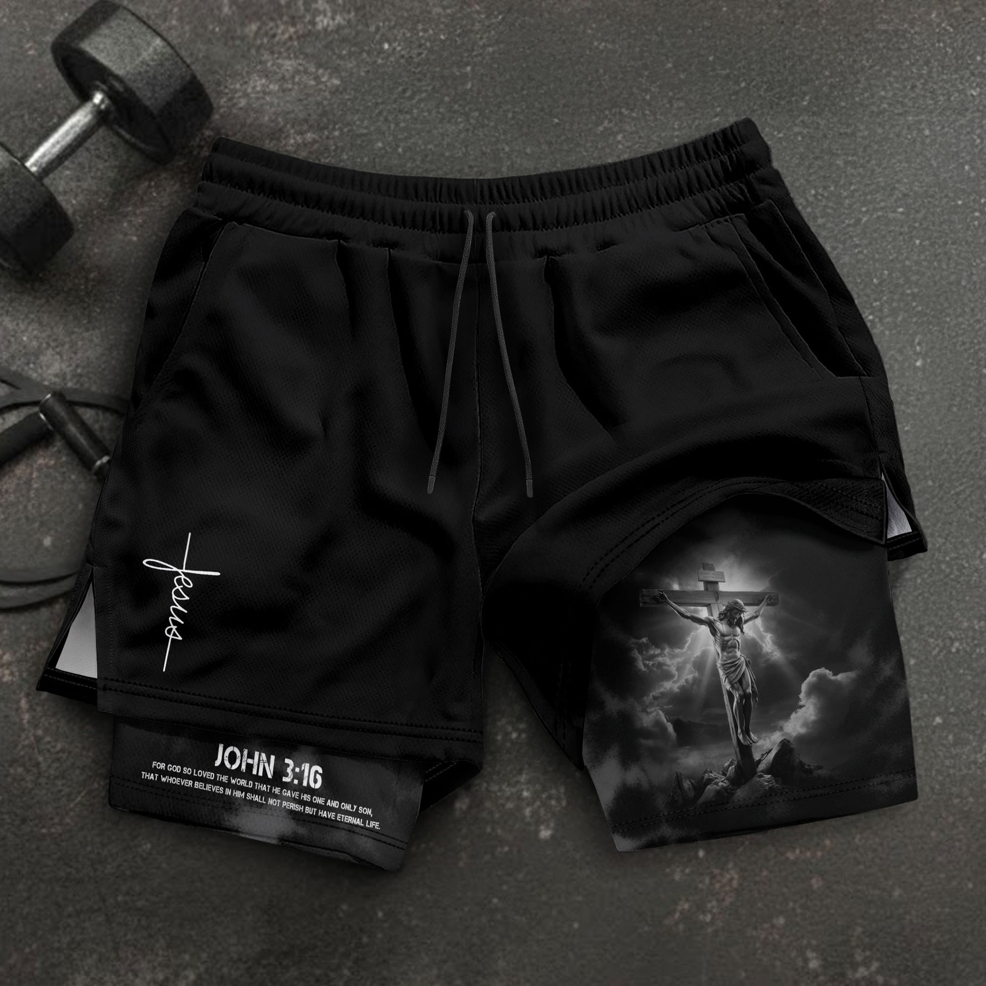 John 3:16 Christian Gym Workout Shorts Men Jesus Cross Bible Verse Religious - Rust Field Wear