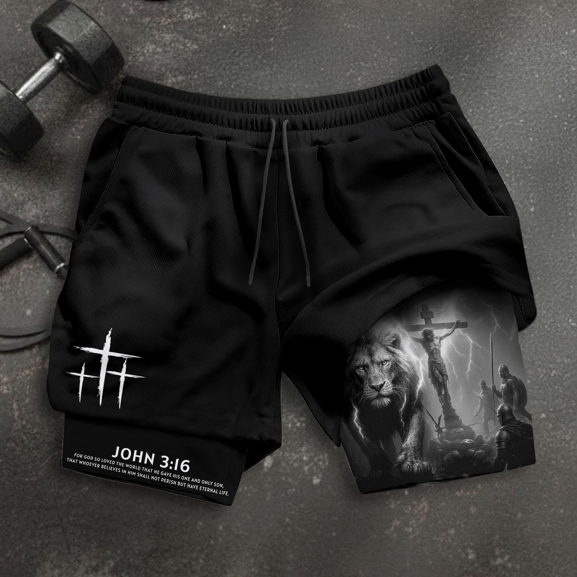 John 3:16 Christian Gym Workout Shorts Men Lion Jesus Cross Bible Verse