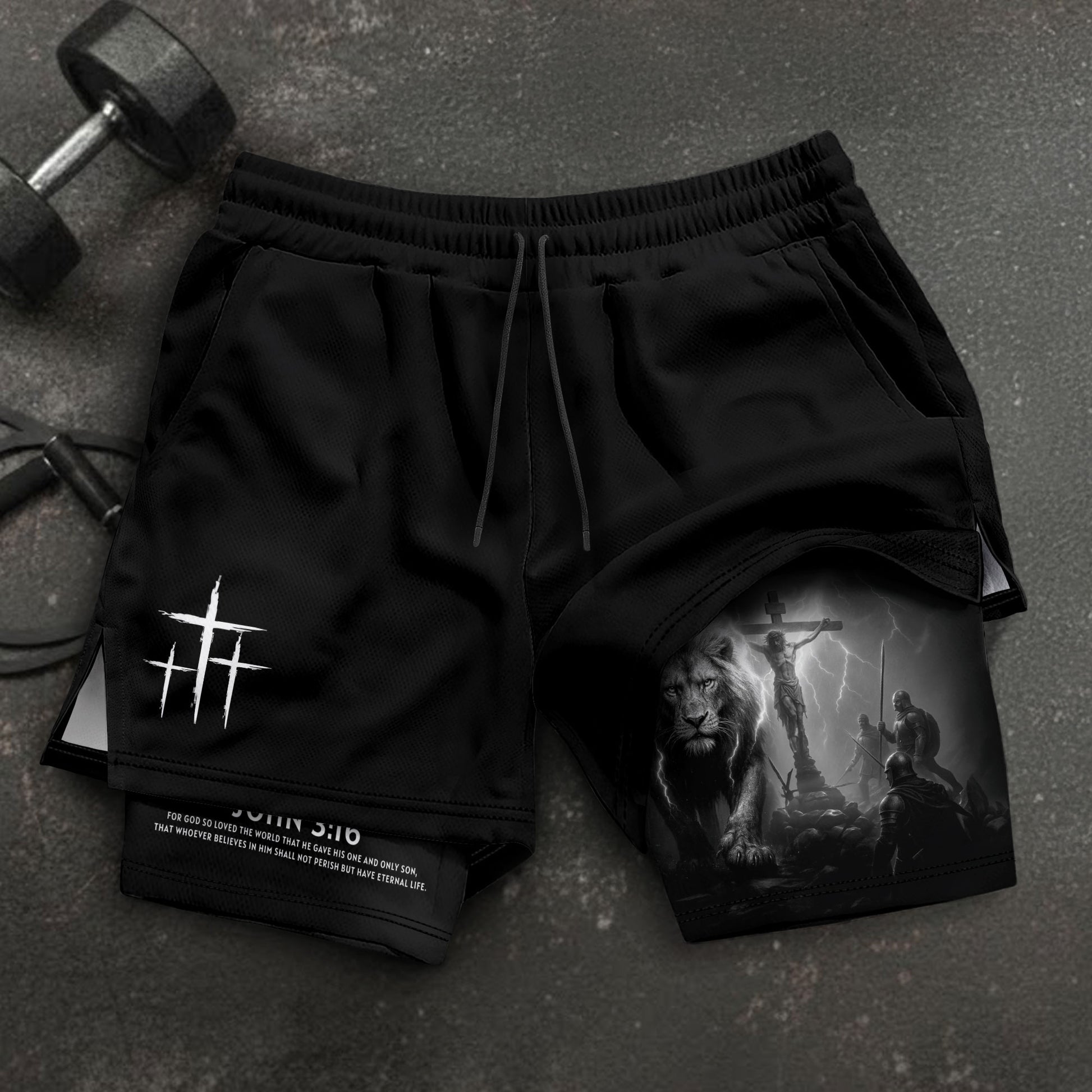 John 3:16 Christian Gym Workout Shorts Men Lion Jesus Cross Bible Verse - Rust Field Wear