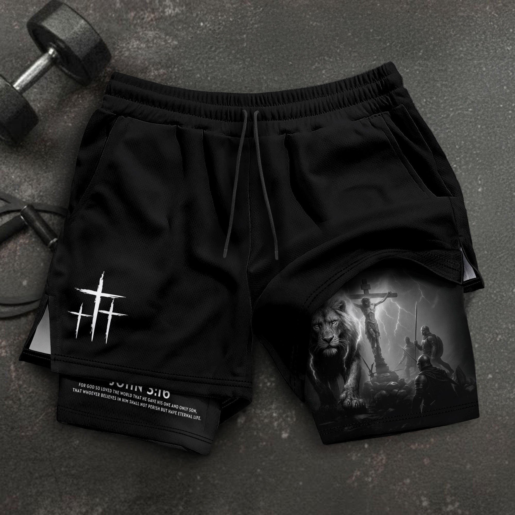 John 3:16 Christian Gym Workout Shorts Men Lion Jesus Cross Bible Verse - Rust Field Wear