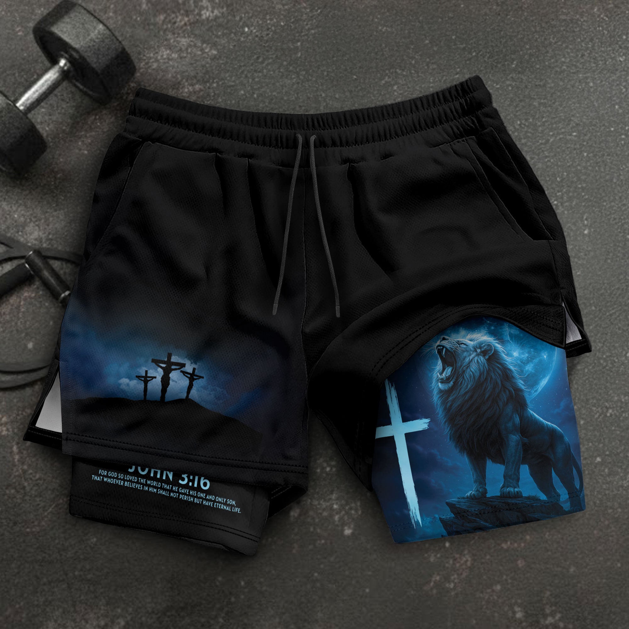 John 3:16 Christian Gym Workout Shorts Men Lion Cross Bible Verse Blue - Rust Field Wear