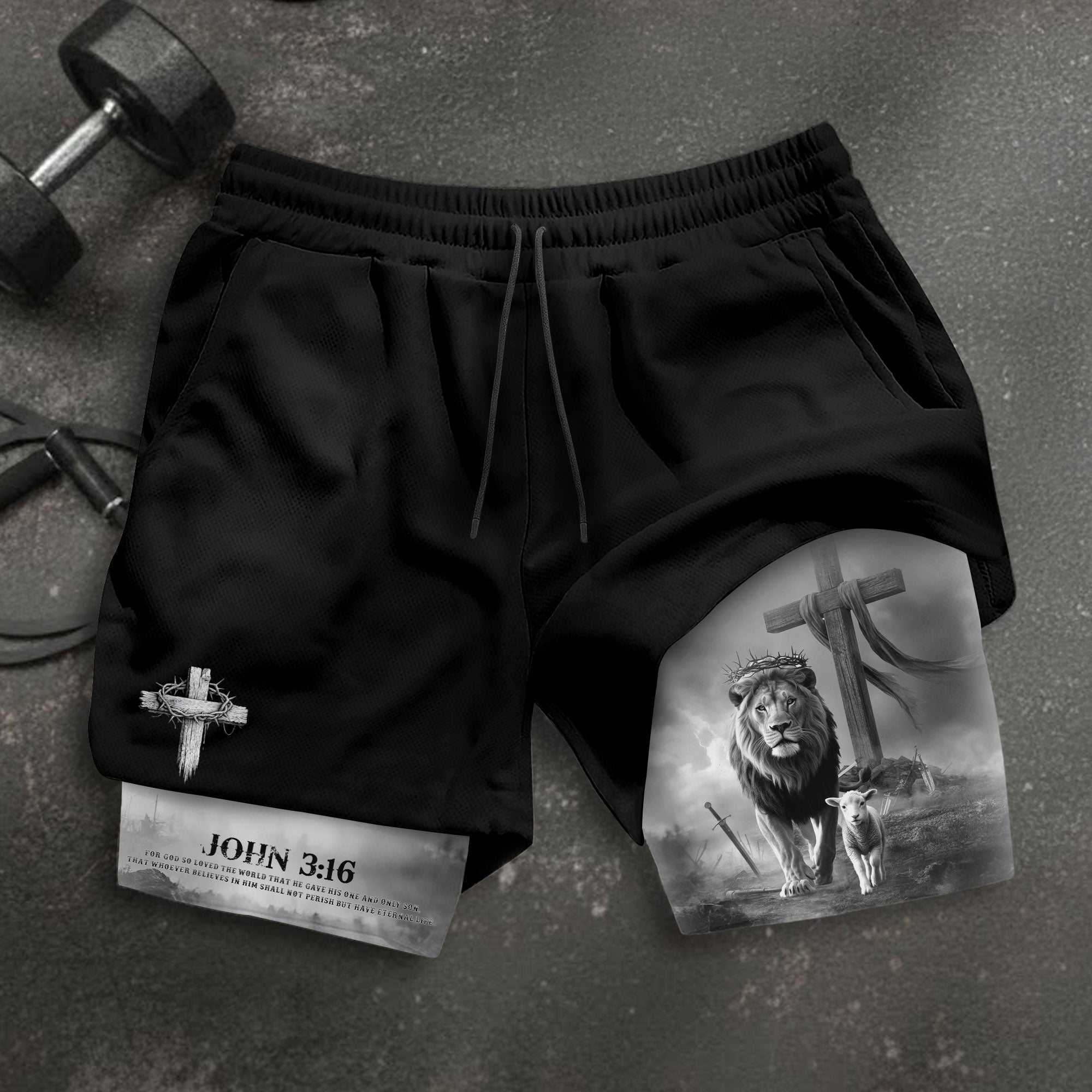 John 3:16 Christian Gym Workout Shorts Men Lion and Lamb Cross Bible Verse