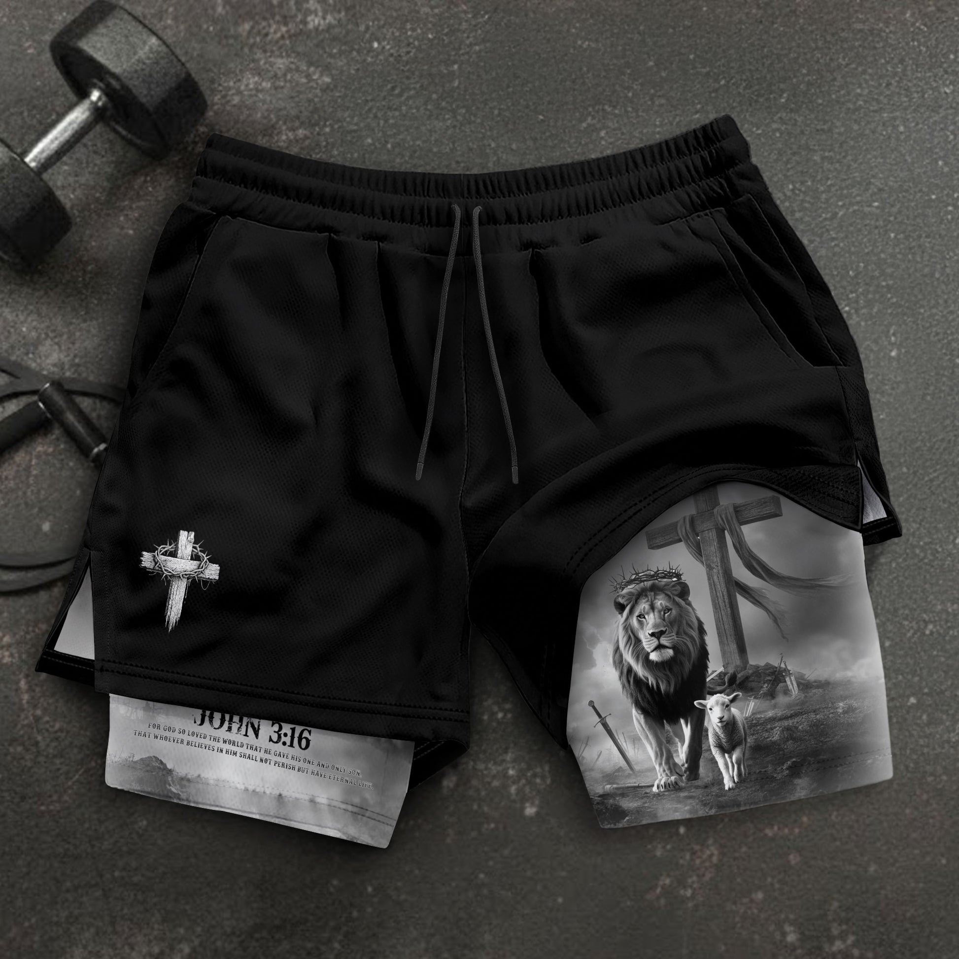 John 3:16 Christian Gym Workout Shorts Men Lion and Lamb Cross Bible Verse - Rust Field Wear