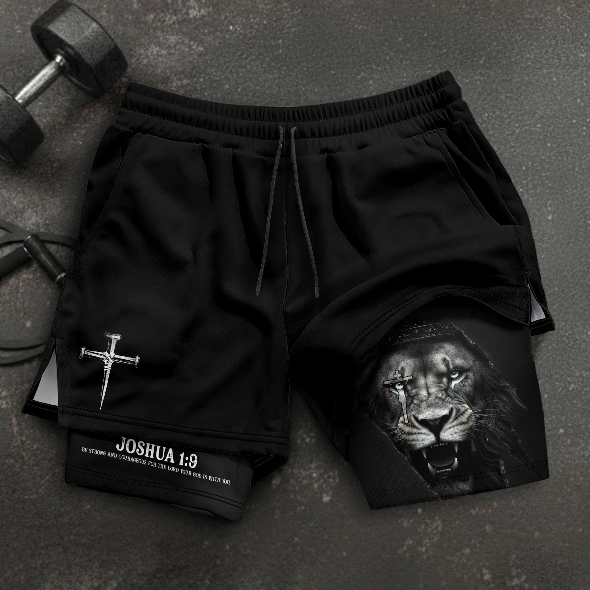 Joshua 1:9 Christian Gym Workout Shorts Men Lion of Judah Bible Verse Activewear - Rust Field Wear