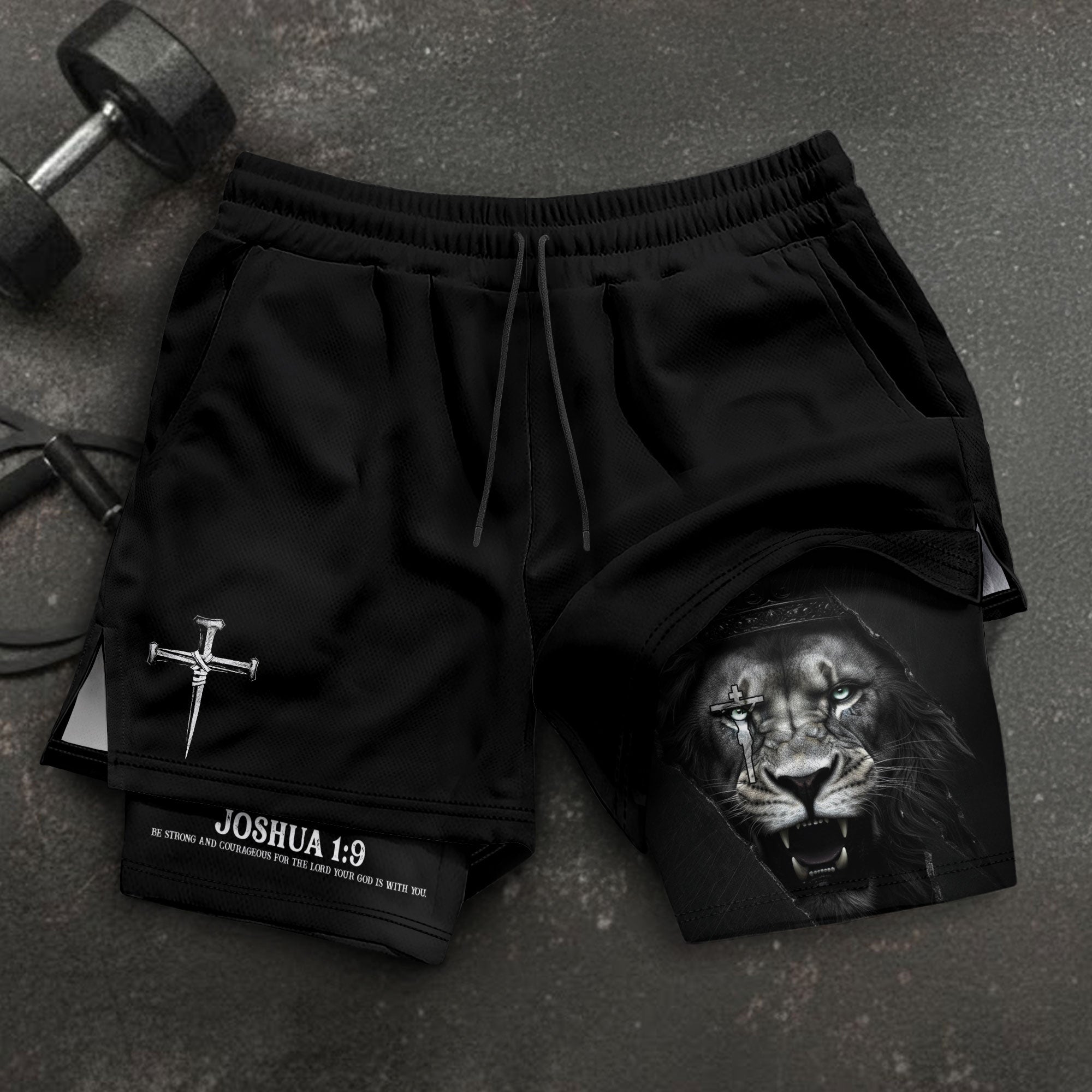 Joshua 1:9 Christian Gym Workout Shorts Men Lion of Judah Bible Verse Activewear - Rust Field Wear