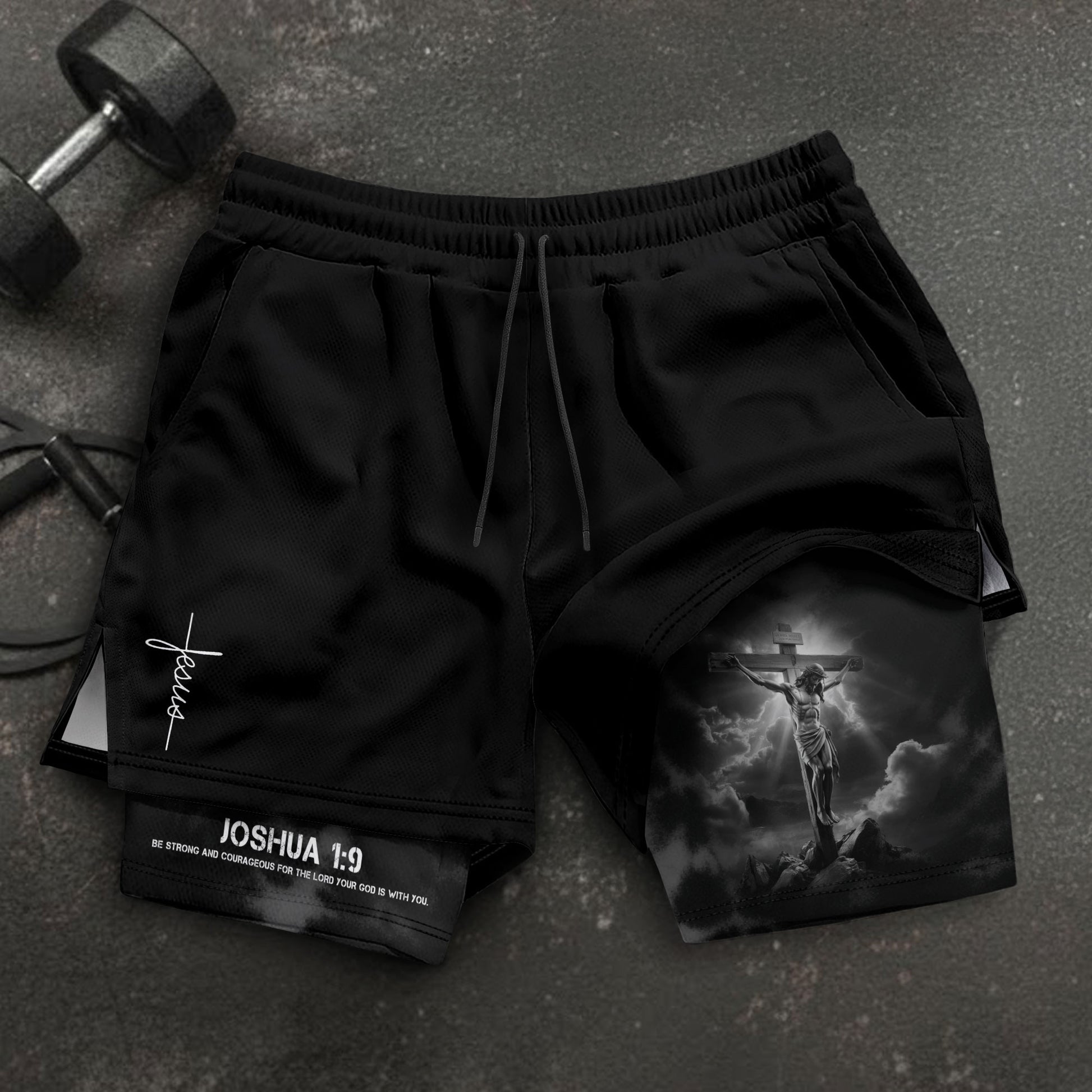 Joshua 1:9 Christian Gym Workout Shorts Men Jesus Cross Bible Verse Religious - Rust Field Wear