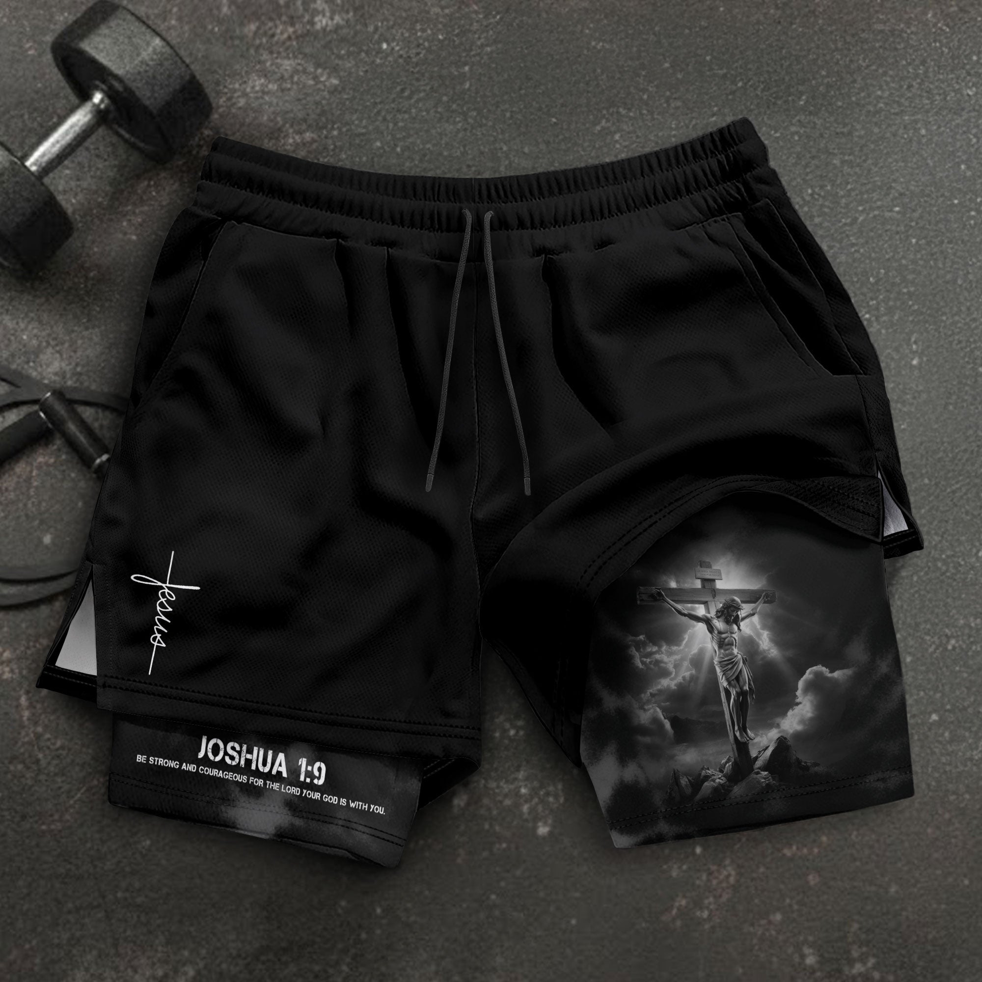 Joshua 1:9 Christian Gym Workout Shorts Men Jesus Cross Bible Verse Religious - Rust Field Wear