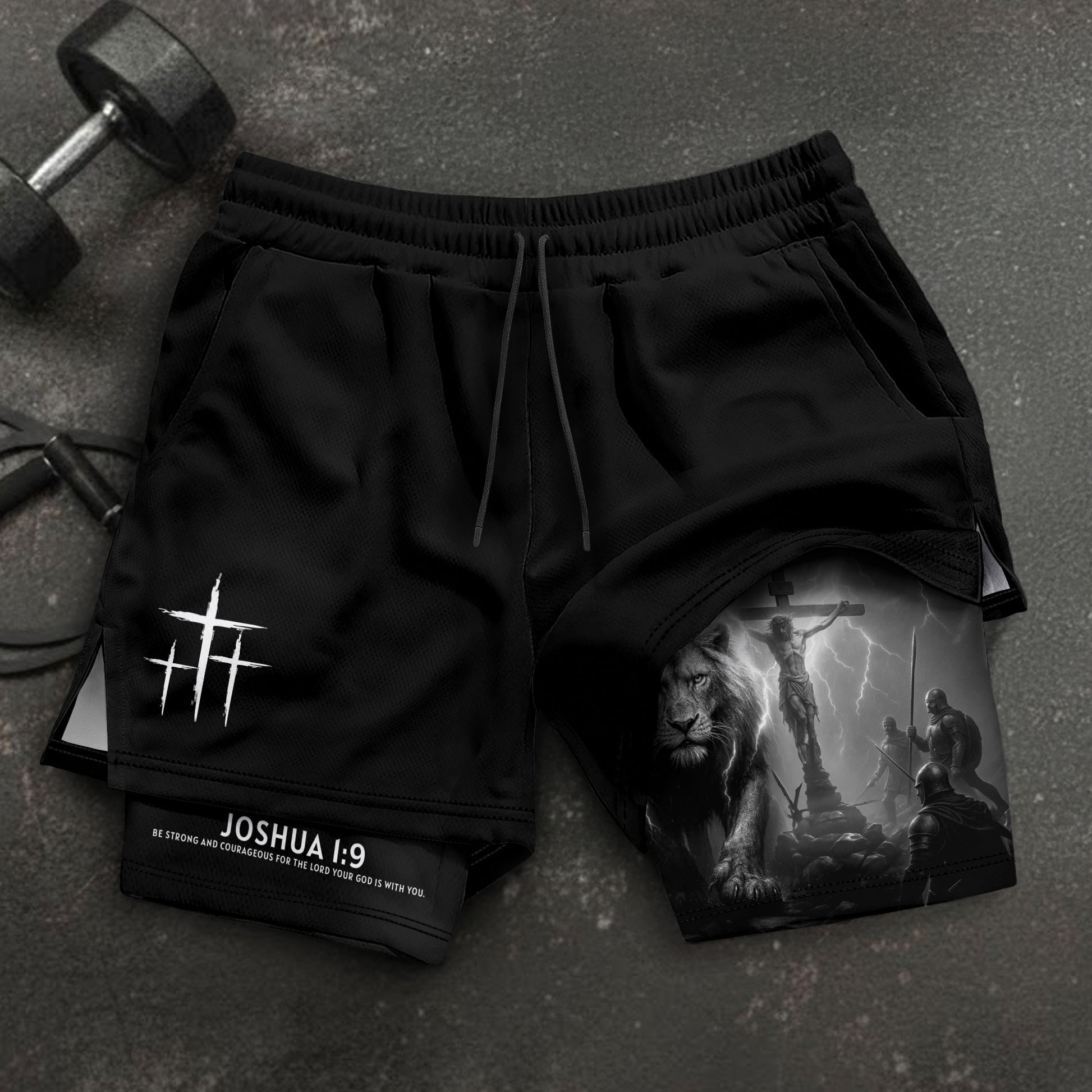 Joshua 1:9 Christian Gym Workout Shorts Men Lion Jesus Cross Bible Verse - Rust Field Wear