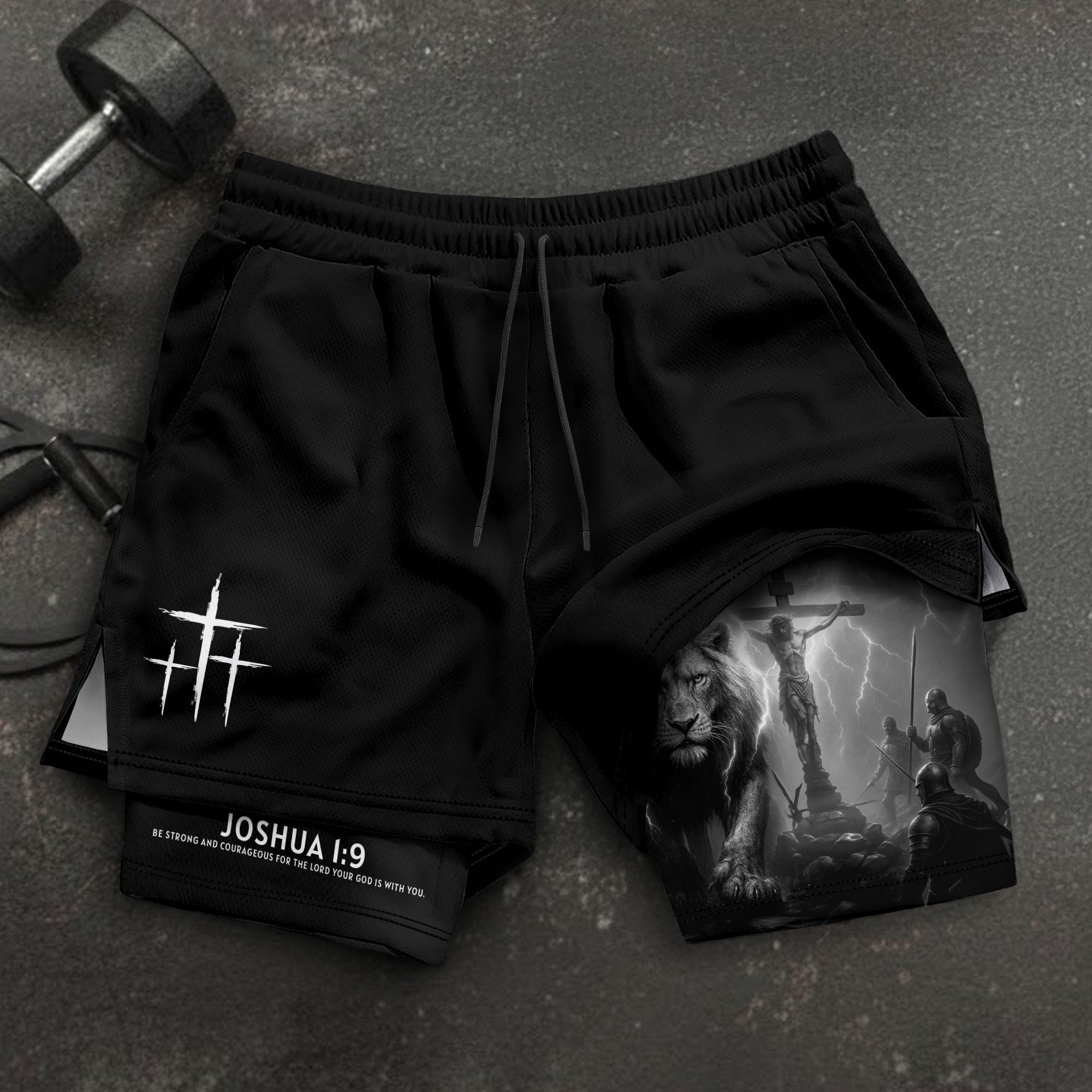 Joshua 1:9 Christian Gym Workout Shorts Men Lion Jesus Cross Bible Verse - Rust Field Wear