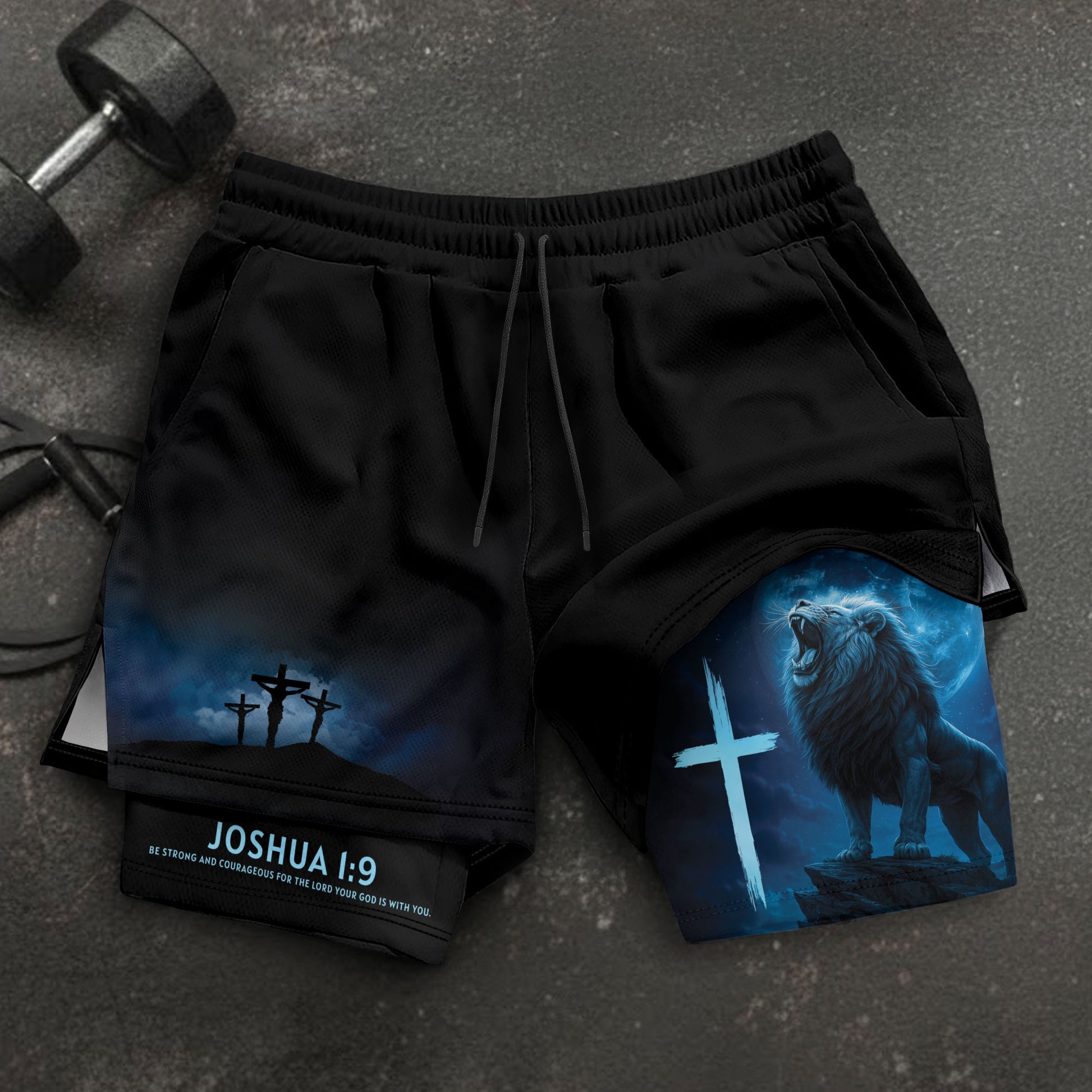 Joshua 1:9 Christian Gym Workout Shorts Men Lion Cross Bible Verse Blue - Rust Field Wear