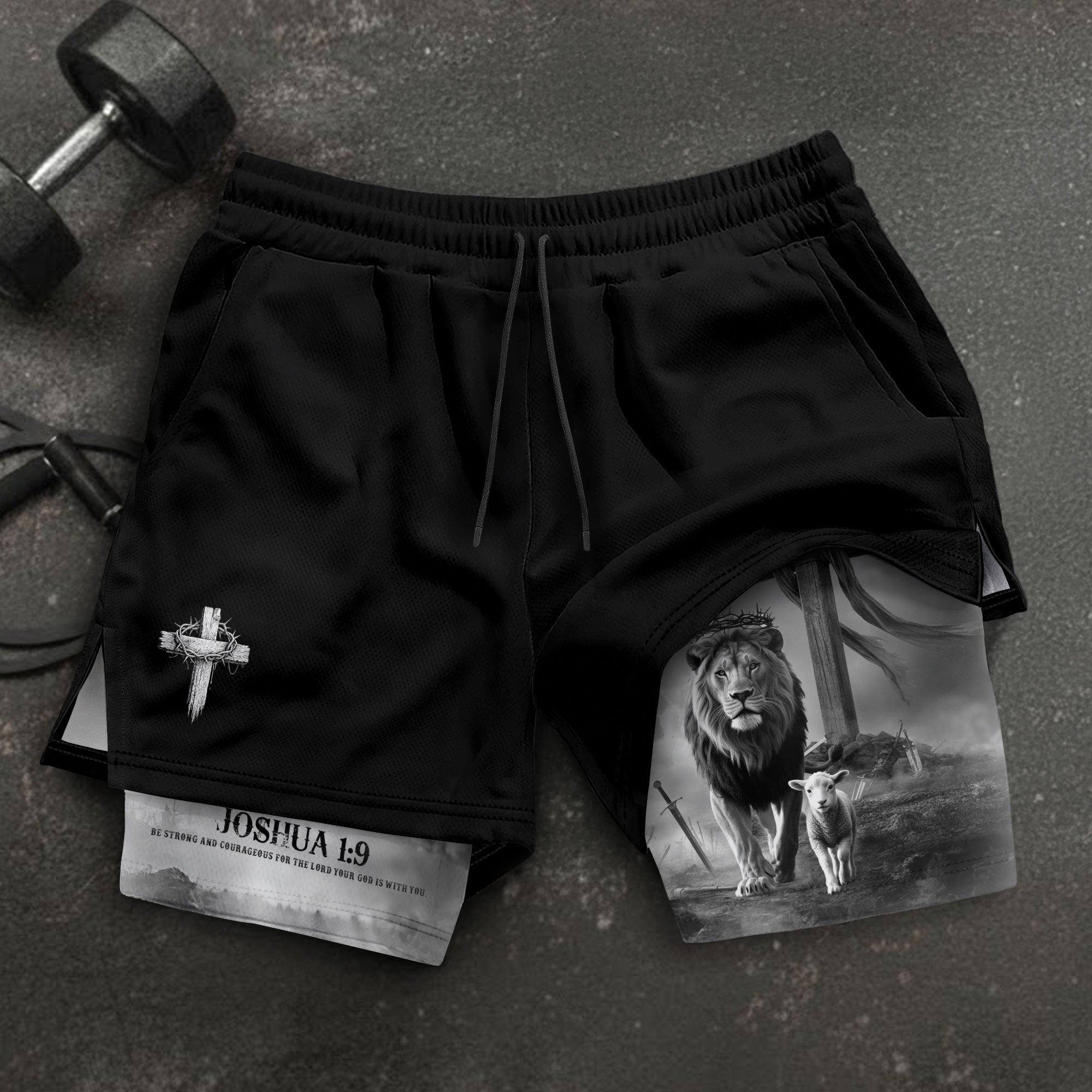 Joshua 1:9 Christian Gym Workout Shorts Men Lion and Lamb Cross Bible Verse - Rust Field Wear