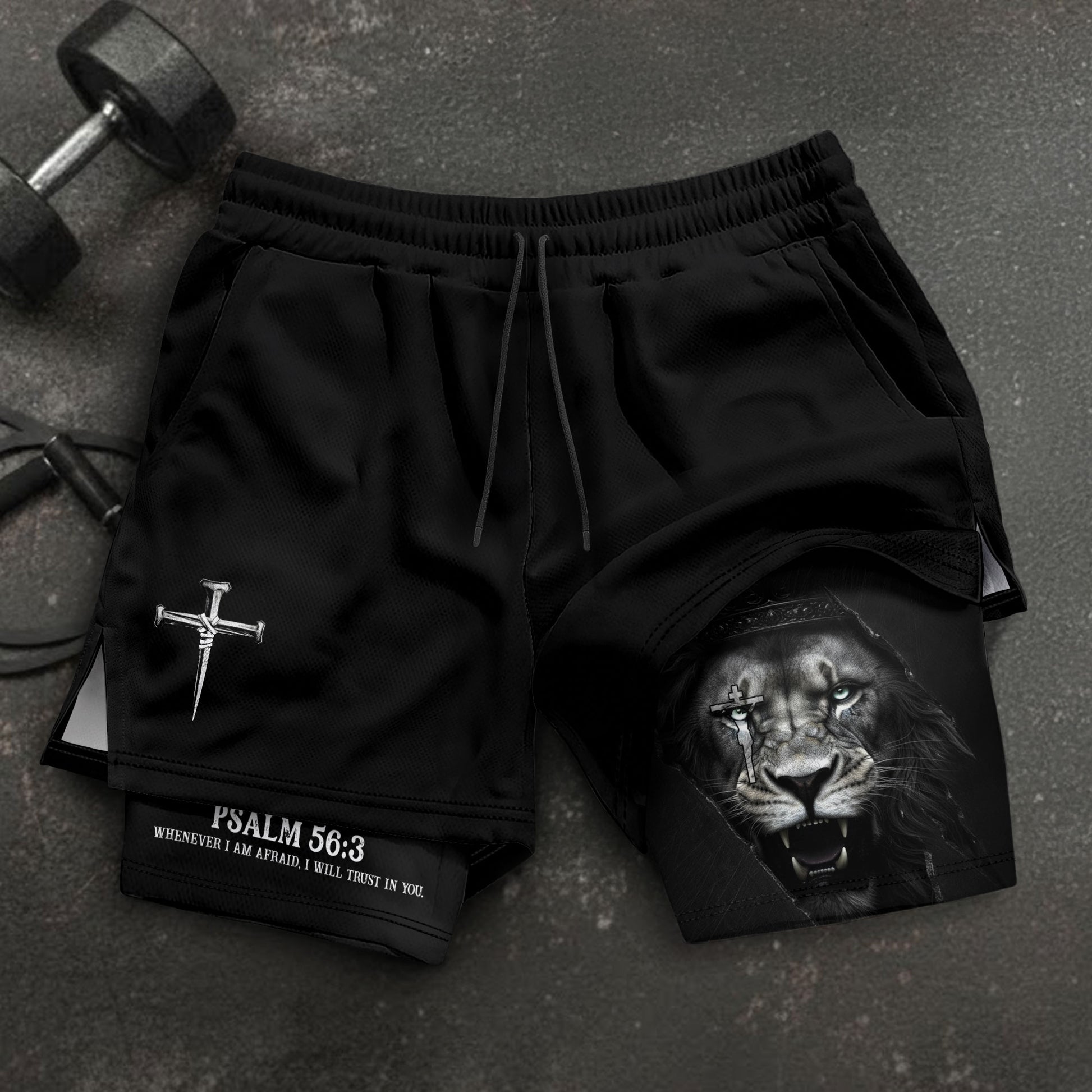 Psalm 56:3 Christian Gym Workout Shorts Men Lion of Judah Bible Verse Activewear - Rust Field Wear