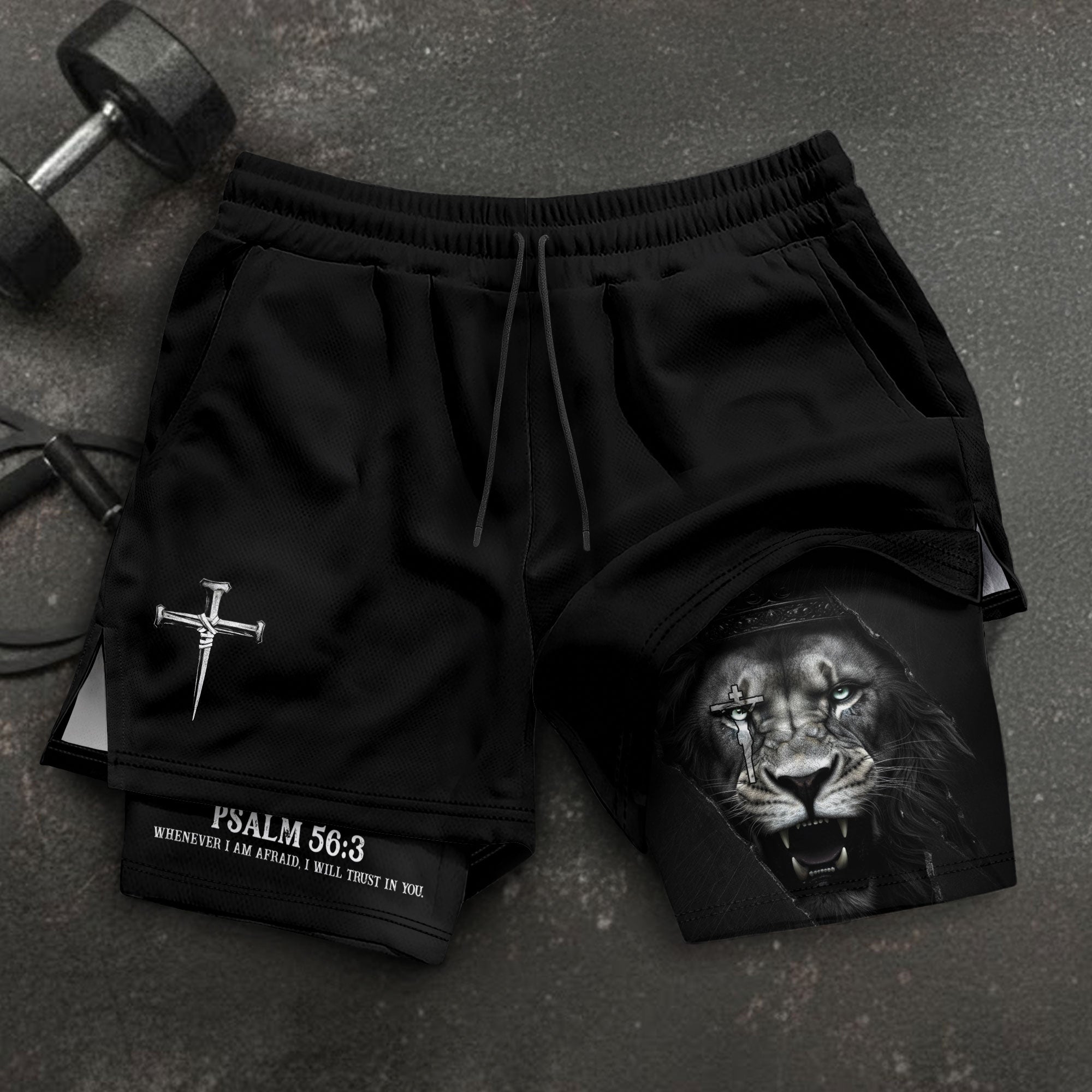 Psalm 56:3 Christian Gym Workout Shorts Men Lion of Judah Bible Verse Activewear - Rust Field Wear