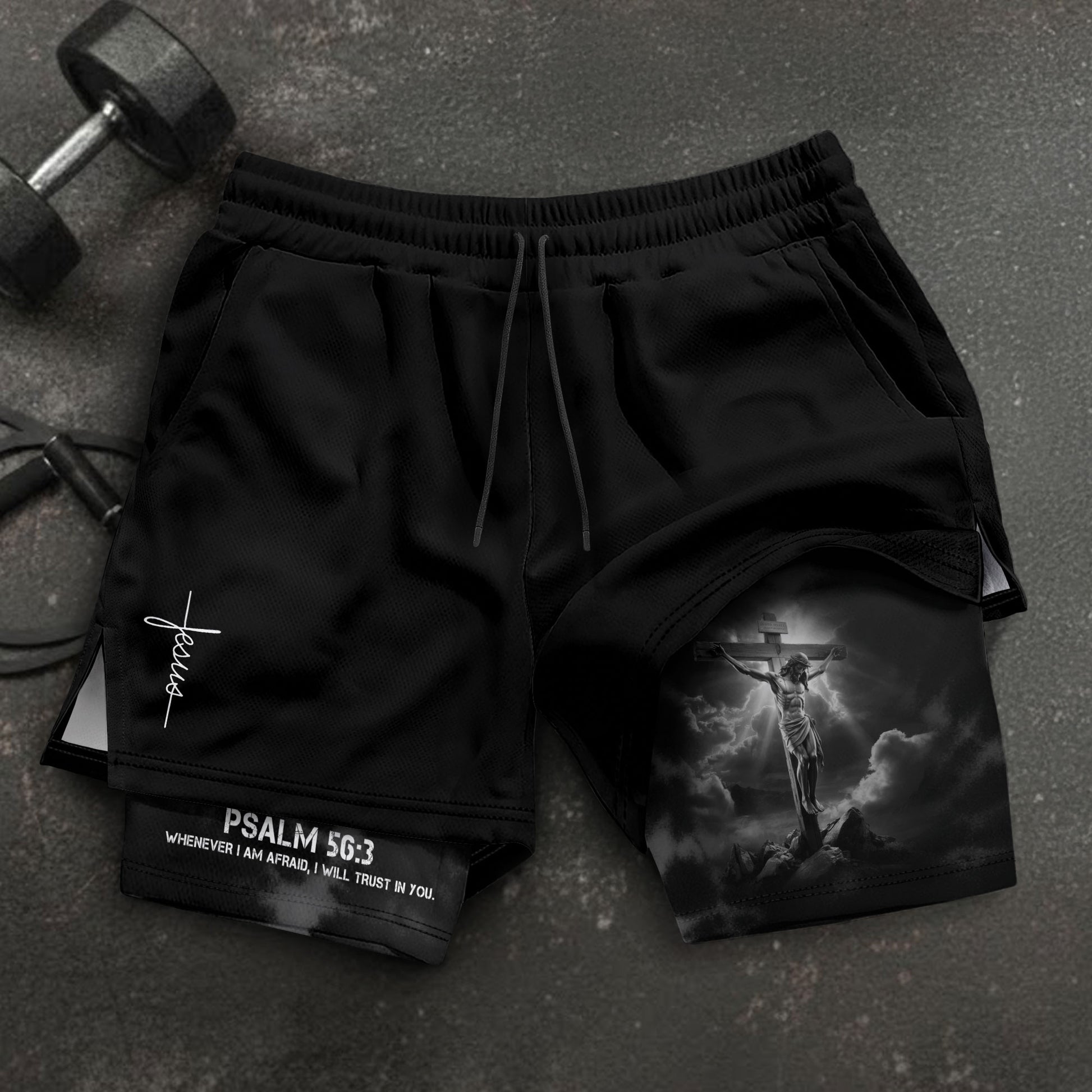 Psalm 56:3 Christian Gym Workout Shorts Men Jesus Cross Bible Verse Religious - Rust Field Wear