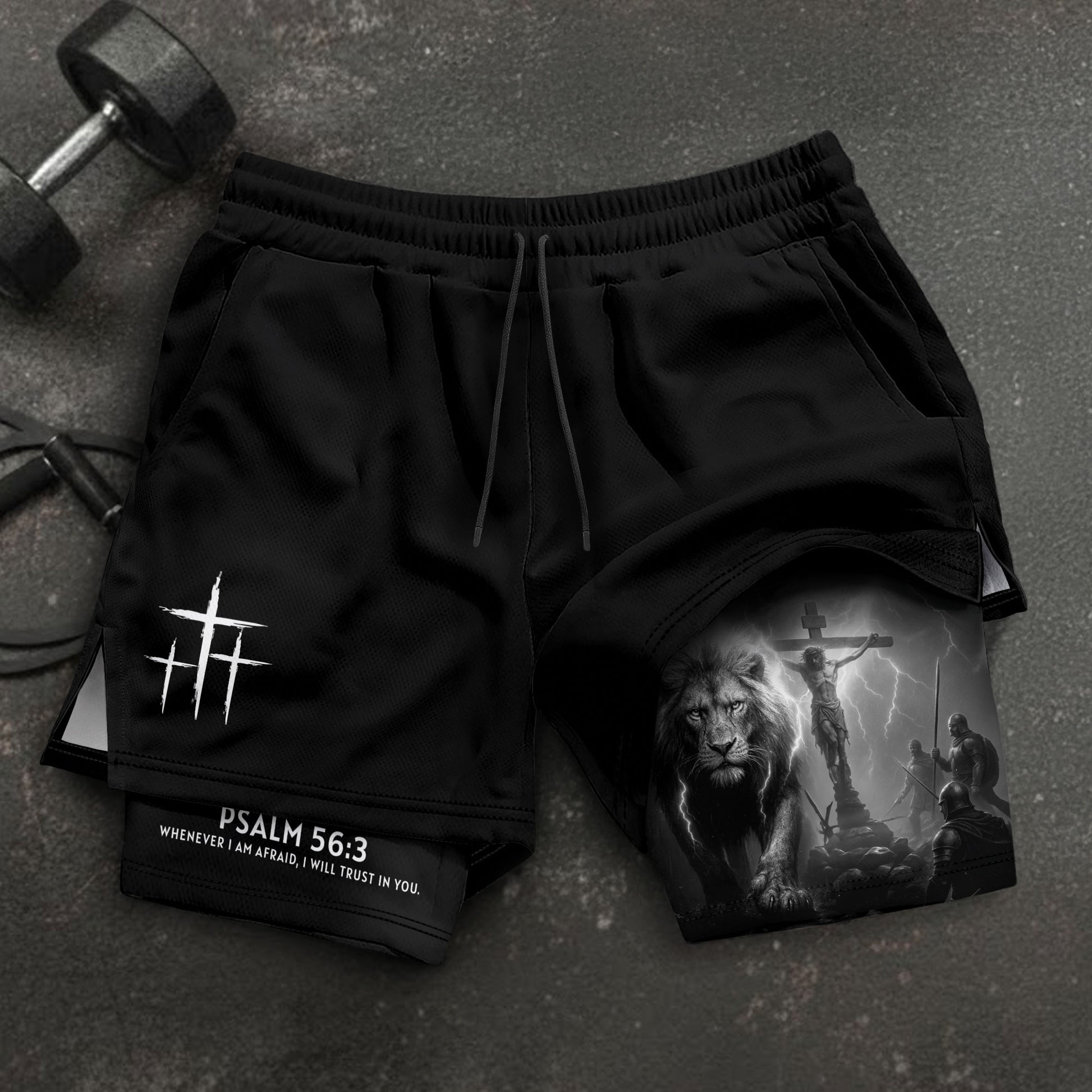 Psalm 56:3 Christian Gym Workout Shorts Men Lion Jesus Cross Bible Verse - Rust Field Wear