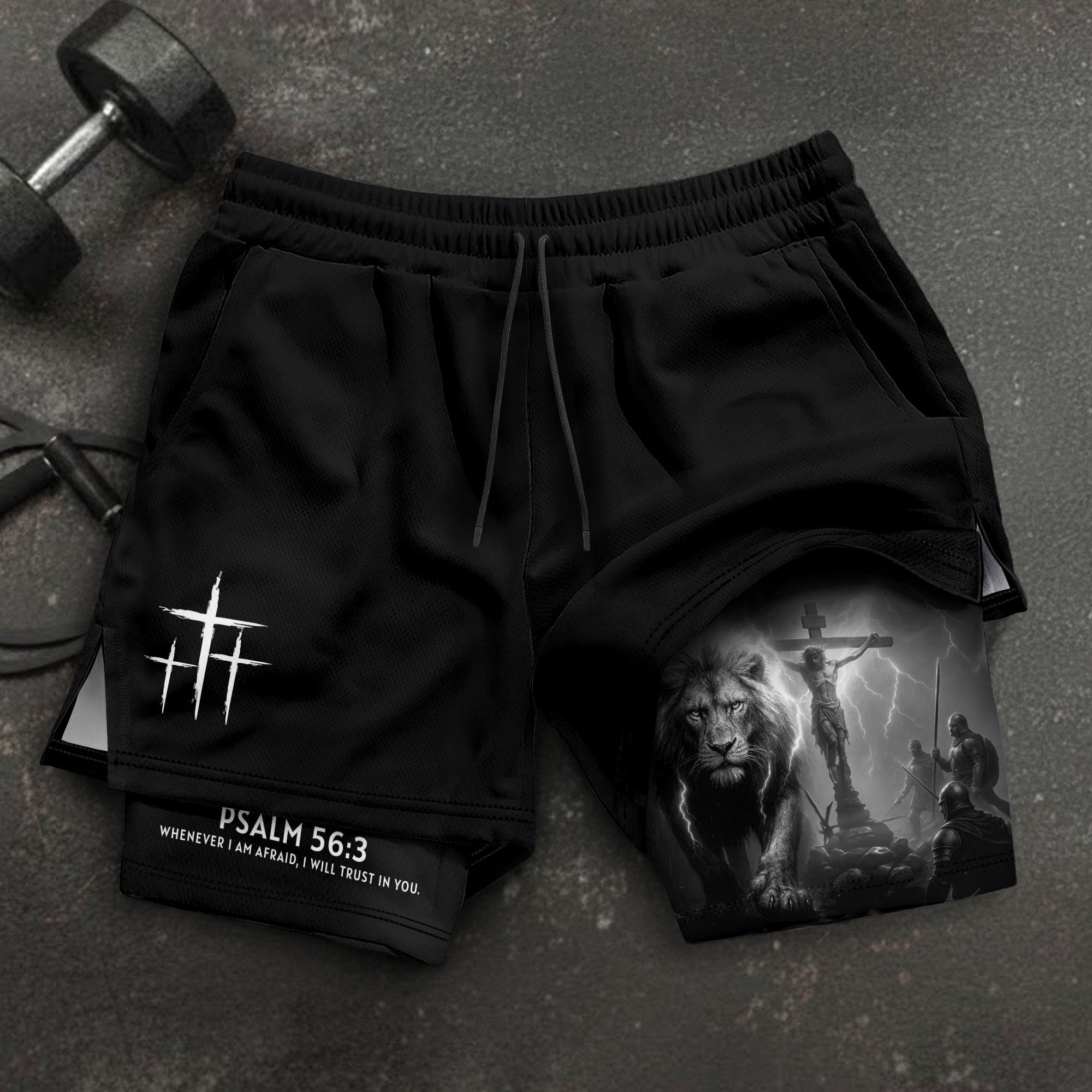 Psalm 56:3 Christian Gym Workout Shorts Men Lion Jesus Cross Bible Verse - Rust Field Wear